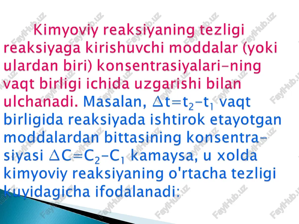 lda: v=k[no]2[o2] yoki v=ka2b bo'ladi. xajmning ikki marta kamayi-shi natijasida konsentrasiya ikki marta oshadi; endi [no] urniga 2[no] va [o2] urniga 2[o2] olish kerak; v=k(2a)2(2b)= 8ka2b demak, tezlik 8 marta oshadi. atom va molekulalar g'alayonlan-gan xolatga utganida, ularning reaksiyaga kirishish qobilyati kuchayadi. zarrachalarni g'alayonlashtirish uchun, masalan, -temperaturani oshirish, -bosimni ko'paytirish, -reaksiyaga kirishayotgan moddalarga rentgen nurlari, ultrabinafsha nurlari, gamma nurlar ta'sir ettirish kerak bo'ladi. . temperatura har 10°s ga oshganda reaksiyaning tezligi 2-4 marta oshishini dastlab, vant-goff tajriba asosida ta'rifladi. faraz kilaylik, biror reaksiyaning tezligi xar 10°s da 2 marta yoki 100% ortsin. agar 0°c da reaksiya tezligi 1 ga teng bulsa 10°s da 2 ga. 20°s da 4 ga, 30°s da 8 ga, 90°s da 512 ga, 100°s da 1024 ga teng bo'ladi. demak, temperatura arifmetik progressiya bilan ortib borsa, reaksiya tezligi geometrik progressiya bilan ortadi. temperatura 100°s ga ortganda reaksiya tezligi 1000 marta ortadi. agar 0°s dagi tezlikni vt1 …