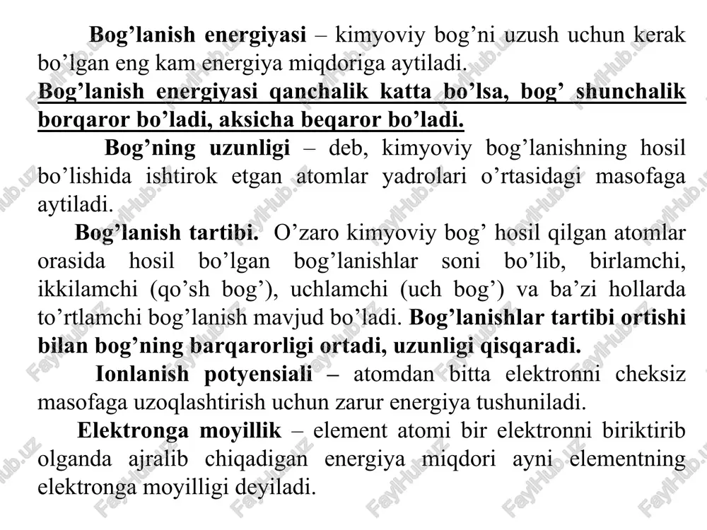 ent va qutbsiz kovalent c) qutbli kovalent va ionli d) qutbli kovalent va d-bog’lar e) ionli, p - va d - bog’lar 2. quyidagi birikmalarni ulardagi bog’ barqarorligining ortib borish tartibida joylashtiring. 1.hcl; 2. hf; 3. nvr; 4. hj a) 4,3,1,2 b) 1,2,4,3 c) 1,4,2,3 d) 4,3,2,1 e) 3,4,2,1 3. qaysi birikmalar kovalent bog’lanish yordamida hosil bo’lgan? l. h2 2. hbr(gaz) 3. tio 4. fecl2 5. ch2o a) 1,3,5 b) 1,2,5 c) 1,2,4 d) 1,2,3 e) 1,4,3 4. qaysi birikmada element bilan vodorod orasidagi bog’ eng qutbli? a) ch4 b) hcl c) h2s d) ch3oh e) ch3cooh 5. qutbsiz kovalent bog’i bo’lgan molekulalarni tanlang. 1) etan; 2) xlor; 3) metilamin; 4) metilmerkaptan (ch3sh); 5) metilxlorid; 6) chumoli aldegid a) 1,2,3 b) 1,2,4 c) 2,4,5 d) 2,46 e) 1,2,6 6. vodorod va xlor molekulalarida atomlar orasidagi bog’lanish qaysi energitik pog’onachadagi elektronlar hisobiga hosil bo’ ladi? a) 2s,2p b) 1s,2p c) 1s,3p …