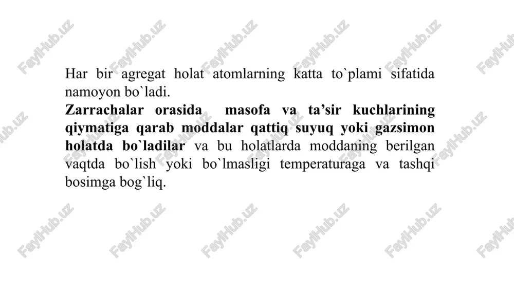 hajmi. plazma holati. plazma holat moddaning juda yuqori temperatura uchun ham xos bo`lgan holatdir. termoyadro reaksiyalari modda plazma holatda turgandagina ro`y beradi. plazmada gazlarning qattiq qizdirish natijasida ularning atomlari elektronlarni tamoman yo’qotadi va musbat zaryadlangan ionlar va ma’lum erkinlikka ega bo’lgan elektronlar hosil bo’ladi. plazma bilan gaz holat orasida uncha katta farq yo’q. harorat oshirilganda gaz molekulalari alohida atomlarga parchalanadi, ular ionlashgan holatga o’tib, musbat ionlar va erkin elektronlar hosil bo’ladi. bu ion va erkin elektronlar elektr tokini o’tkazadi. plazma elektr tokini yaxshi o’kazadi. masalan, h2 plazmasining elektr o’tkazuvchanligi xona xaroratidagi misning elektr o’tkazuvchanligiga teng. plazma o’zini gazlar kabi tutadi va gaz qonunlariga bo’ysunadi. plazma atamasini (kvazineytral ionlashgan gaz) 1923-yilda amerika fiziklari lengmyur va tonks fanga kiritgan. yerda plazma holat deyerli uchramaydi. 100 km balandda ionosfera qobig’ida ionlashgan plazma bor, ular quyoshdan keluvchi ultrabinafsha nurlar yordamida hosil bo’lgan. osmonda barcha moddalar plazmadan iborat. termoyadroviy sintez – juda katta haroratda yengil …