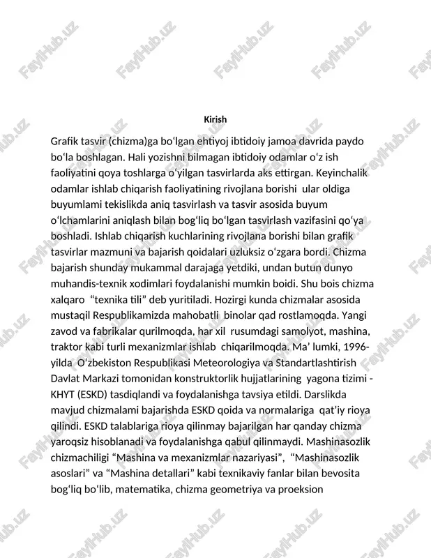 rasmiylashtirishga, chizma bajarishda shartlilik va soddalashtirishlardan foydalana bilishga o'rgatish; turli buyum tarkibini tahlil qila bilishga, ularning tuzilishi va birikmalarini loyihalashga o‘rgatish. talabalaming mashinasozlik chizmachiligi fani bo‘yicha chuqur bilim va davlat standart talablari asosida chizma bajarish malakasiga ega bo‘lishi ularning bo‘lg‘usida chizmachilik o‘qituvchisi bo‘lib yetishishida muhim rol o‘ynaydi. mustaqil respublikamizda ta’limni isloh qilish munosabati bilan oliy o‘quv yurtlarida 1994 -1995 o‘quv yilidan boshlab bakalavrlarni tayyorlashga kirishildi. shu munosabat bilan ta’lim yo‘nalishlari bo‘yicha o‘quv reja va dasturlari tuzildi. tabiiyki, yangi tuzilgan o‘quv rejalarida qator ijobiy o‘zgarishlar ro‘y berdi. jumladan, badiiy grafika fakultetida «tasviriy san’at va muhandislik grafikasi»-5140700 ta’lim yo‘nalishida o‘qitilib kelinayotgan chizmachilik fani bo‘limlarining har biri alohida fan sifatida o‘quv rejasiga kiritildi: geometrik va proeksion chizmachilik, mashinasozlik chizmachiligi, topografik chizmachilik hamda arxitektura-qurilish chizmachiligi. bu fanlarga ajratilgan soat miqdori oshirildi. birgina mashinasozlik chizmachiligi faniga 257 soat (shundan 105 soati mustaqil ishga) ajratilgan. 0 ‘quv rejasidagi bunday o‘zgarishlar tabiiyki, mazkur fanlar bo‘yicha zudlik bilan …