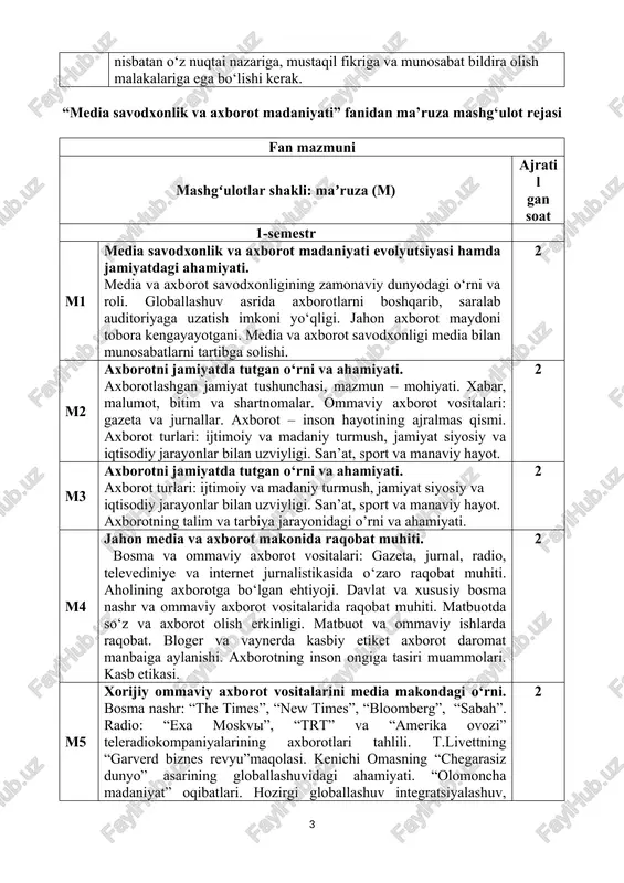i jamiyatda tutgan o‘rni va ahamiyati. axborot turlari: ijtimoiy va madaniy turmush, jamiyat siyosiy va iqtisodiy jarayonlar bilan uzviyligi. san’at, sport va manaviy hayot. axborotning talim va tarbiya jarayonidagi o’rni va ahamiyati. 2 m4 jahon media va axborot makonida raqobat muhiti. bosma va ommaviy axborot vositalari: gazeta, jurnal, radio, televediniye va internet jurnalistikasida o‘zaro raqobat muhiti. aholining axborotga bo‘lgan ehtiyoji. davlat va xususiy bosma nashr va ommaviy axborot vositalarida raqobat muhiti. matbuotda so‘z va axborot olish erkinligi. matbuot va ommaviy ishlarda raqobat. bloger va vaynerda kasbiy etiket axborot daromat manbaiga aylanishi. axborotning inson ongiga tasiri muammolari. kasb etikasi. 2 m5 xorijiy ommaviy axborot vositalarini media makondagi o‘rni. bosma nashr: “the times”, “new times”, “bloomberg”, “sabah”. radio: “exa moskvi”, “trt” va “amerika ovozi” teleradiokompaniyalarining axborotlari tahlili. t.livettning “garverd biznes revyu”maqolasi. kenichi omasning “chegarasiz dunyo” asarining globallashuvidagi ahamiyati. “olomoncha madaniyat” oqibatlari. hozirgi globallashuv integratsiyalashuv, axborotlashuv va ilmiy-texnik taraqqiyot oqibatining inson omiliga tasiri …