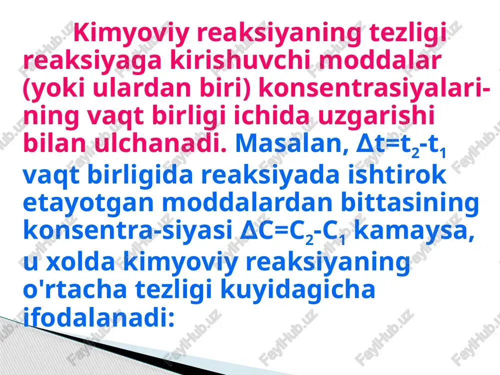 ntrasiyaga bog'liq emas. reaksiyaning tezliklari k ning qiymati bilan takkoslanadi. agar reagentlarning stexiometrik koeffisiyentlari birdan boshqa bulsa, masalan: aa + bb = cc uchun massalar ta'siri qonunining matematik ifodasi kuyidagicha bo'ladi: v=k[a]a . [b]b massalar ta'siri qonunidan foydalanib, konsentrasiyaning uzgarishi bilan tezlikni uzgarishini xisoblab topish mumkin. misol: 2no+o2=2no2 reaksiyada aralashmaning xajmi ikki marta kamaytirildi; tezlik qanday uzgaradi? yechish: xajmning uzgarishi-dan oldin, no va o2 ning konsentrasiyalari a va b ga teng bulsin. bu xolda: v=k[no]2[o2] yoki v=ka2b bo'ladi. xajmning ikki marta kamayi-shi natijasida konsentrasiya ikki marta oshadi; endi [no] urniga 2[no] va [o2] urniga 2[o2] olish kerak; v=k(2a)2(2b)= 8ka2b demak, tezlik 8 marta oshadi. atom va molekulalar g'alayonlangan xolatga utganida, ularning reaksiyaga kirishish qobilyati kuchayadi. zarrachalarni g'alayonlashtirish uchun, masalan, -temperaturani oshirish, -bosimni ko'paytirish, -reaksiyaga kirishayotgan moddalarga rentgen nurlari, ultrabinafsha nurlari, gamma nurlar ta'sir ettirish kerak bo'ladi. . temperatura har 10°s ga oshganda reaksiyaning tezligi 2-4 marta oshishini dastlab, vant-goff tajriba …
