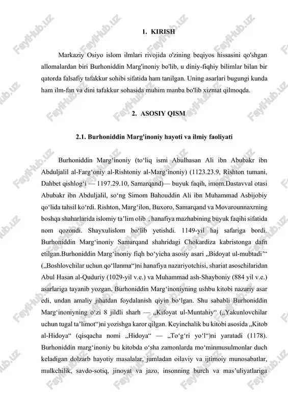 yati ochib berilgan. burhoniddin margʻinoniyning oʻzi hayoti davomida ana shunday insoniy fazilatlarga amal qilib yashadi. ilmu urfon yoʻlidagi fidoyiligi, kamtarligi oʻz asarlarida bir“on marta ham „men“ degan soʻzni ishlatmay, „bu zaif banda aytadi“, deya hokisorlik bilan izoh berishida ham koʻrinib turadi. 2.2. asarlari va ularning ahamiyati burhoniddin marg'inoniy tomonidan yozilgan asarlar islom huquqi, aqidasi, va diniy-falsafiy tafakkur sohalarida katta ahamiyatga ega. u quyidagi asarlar bilan tanilgan: "bidayat al-mubtadi" – bu asar marg‘inoniy tomonidan hanafiy fiqhining asosiy qoidalarini qisqacha tarzda bayon qilish uchun yozilgan. u "al-kifoya" va "al-mukhtasar" kabi qadimgi manbalar asosida yozilgan bo‘lib, o‘z davrida o‘quv dasturi sifatida keng qo‘llanilgan."al-hidoya" – bu asar "bidayat al-mubtadi"ning kengaytirilgan va sharhlangan shakli bo‘lib, hanafiy fiqhining eng muhim manbalaridan biri sanaladi. asar juda puxta mantiqiy asoslarda yozilgan bo‘lib, musulmon olamida asrlar davomida madrasalarda asosiy darslik sifatida foydalanilgan. u fiqhiy masalalarni chuqur tahlil qilish, boshqa mazhablar bilan solishtirish, dalillarni keltirish uslubida yozilgan."kitab al-tajnis wal-mazid" – …