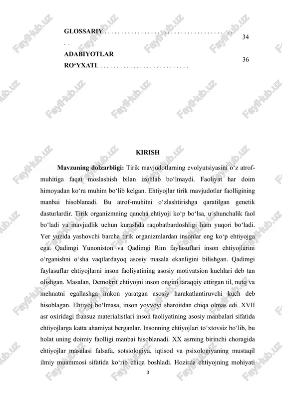 echak, dam olish va o‘yin-kulgi bilan ta‘minlash uchun harakat qiladi. ushbu kurs ishi mavzusining dolzarbligi shundaki, ehtiyojlar tushunchasi va mohiyatini o‘rganish har bir inson uchun o‘zini yaxshiroq tushunish va hayotiy ustuvor yo‘nalishlarni to‘g‘ri belgilashga harakat qilish uchun zarurdir. ayniqsa, ushbu mavzu boshqaruv psixologiyasi uchun dolzarb masala hisoblanadi. psixolog tomonidan rahbar va ishchi xodimlarning ehtiyojlarini o‘rganish natijasida ishlab chiqarish unumdorligini oshirish va ishchi tarkibning psixologik holatini yaxshilashga oid zaruriy shart-sharoitni yaratish imkonini beradi. mavzuning o‘rganilganlik darajasi: ehtiyojlarning eng to‘g‘ri guruhini aniqlashning qiyinligi va noaniqligi ko‘plab tadqiqotchilarni ehtiyojlarning eng mukammal klassifikatsiyasini izlashdan to‘xtatmayapti. insonning ehtiyojlari cheksizdir, chunki bir ehtiyoj qondirilar ekan, boshqa biri insonda paydo bo‘ladi. shu sababli inson ehtiyojlarini to‘liq tasniflash shu kungacha imkonsiz bo‘lib kelgan. hozirda ehtiyojning mohiyati va turlari haqida ko‘plab turli nuqtai nazarlar mavjud. jumladan, a.maslou, e.fromm, v.makdugall, s.v.orlov, v.a.krutetskiy, p.a.rudik, a.v.petrovskiy, p.v.simonov, m.s.kvetnoy va ko‘plab boshqa olimlar tomonidan ehtiyoj tushunchasiga ta‘rif berilgan va uning klassifikatsiyalari taklif etilgan. …