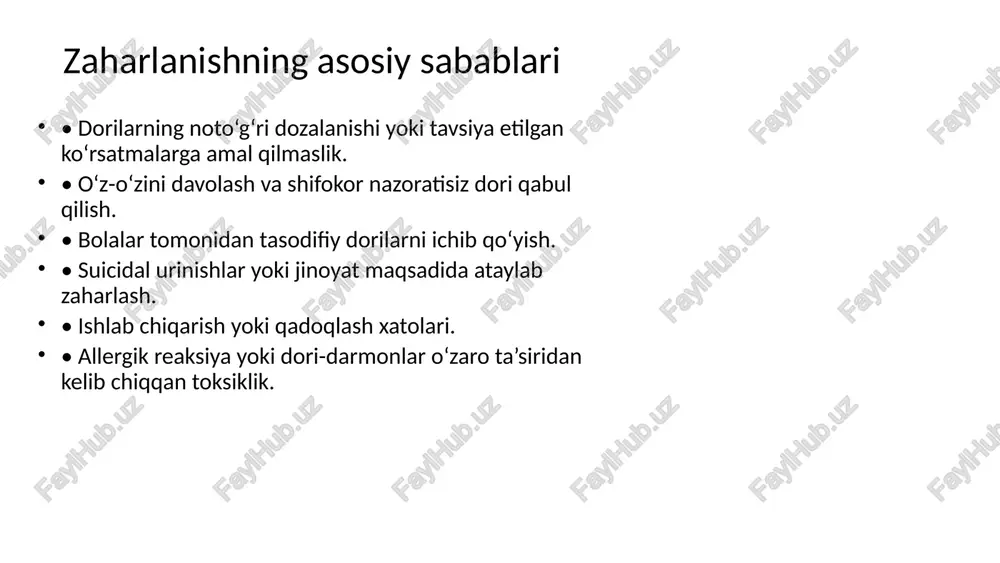 ‘z-o‘zini davolashdan qochish. • maishiy va ishlab chiqarish madaniyatini oshirish orqali zaharlanishni kamaytirish. xulosa turli dori moddalar bilan zaharlanish — global sog‘liqni saqlash va sud tibbiyoti uchun dolzarb masala. zaharlanishni oldini olish, birinchi yordamni to‘g‘ri ko‘rsatish va davolash choralarini bilish orqali ko‘plab inson hayotini saqlab qolish mumkin. sud tibbiyoti ekspertizasi dorilar bilan zaharlanishni aniqlashda va huquqiy baho berishda katta ahamiyatga ega.