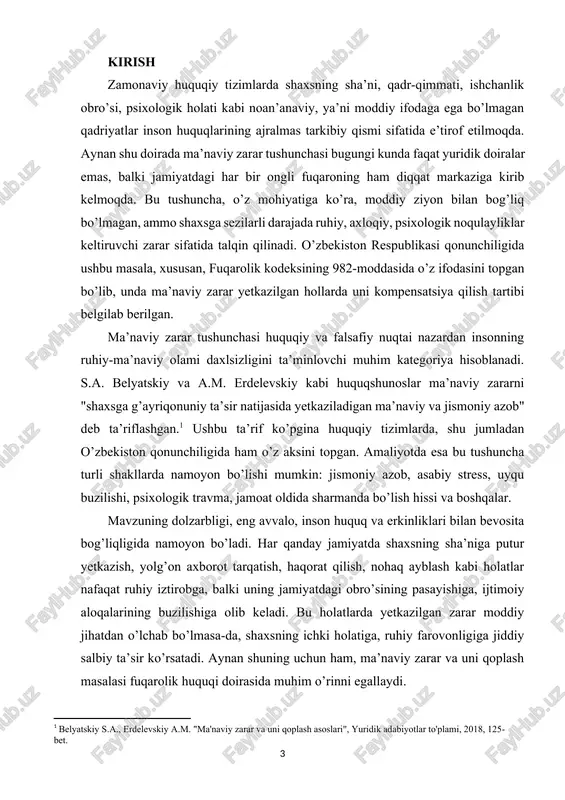 ijtimoiy tarmoqlar orqali ma’naviy zarar yetkazilishi bilan bog’liq murojaat va da’volar soni 3 baravarga oshgan.[footnoteref:3] bu holat huquqiy me’yorlarni yanada takomillashtirish va raqamli makon doirasida ma’naviy zararni tartibga soluvchi maxsus normalarni ishlab chiqish zarurligini ko’rsatmoqda. [3: https://stat.uz/uz/ ] bugungi kunda ushbu mavzuning munozarali jihatlari yetarlicha ko’p. ulardan eng asosiylari quyidagilardir: birinchidan, ma’naviy zarar miqdorini aniqlashda yagona mezonlarning yo’qligi; ikkinchidan, sudlar tomonidan ushbu zarar bo’yicha adolatli qaror chiqarishdagi subyektivlik; uchinchidan, zarar yetkazuvchining aybi darajasini aniqlashda dalillarning yetarlilik darajasi. chunki ma’naviy zarar moddiy xarakterga ega emasligi sababli uni hisoblash, baholash va tasdiqlash jarayonlari turlicha yondashuvlarga sabab bo’ladi. yuqoridagi muammolarni hal qilish yo’lida xalqaro tajribani o’rganish muhim ahamiyat kasb etadi. yevropa, aqsh va osiyo davlatlarining bir qator ilg’or tajribalari mavjud bo’lib, ular ma’naviy zarar miqdorini baholashning turli usullarini ishlab chiqqan. masalan, germaniya fuqarolik huquqida "schmerzensgeld" (azob puli) tizimi mavjud bo’lib, bu tizim orqali ma’naviy zarar kompensatsiyasining aniq formulalari ishlab chiqilgan.[footnoteref:4] fransiyada esa "prejudice …