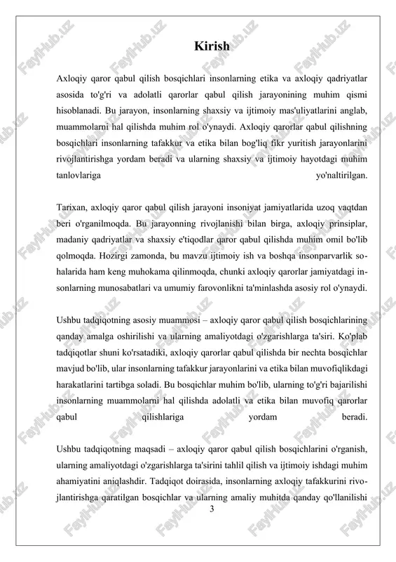 y nuqtai nazardan baholash muhimdir, chunki noto‘g‘ri tushunish yoki etika bilan bog‘liq bo‘lmagan yondashuvlar noto‘g‘ri qarorlar qabul qilishga olib kelishi mumkin. ikkinchi bosqichda, variantlar va ularning axloqiy oqibatlarini baholash jarayoni boshlanadi. bu bosqichda inson har bir imkoniyatni, uning ijtimoiy, madaniy va shaxsiy qadriyatlar bilan muvofiqligini tahlil qiladi. bu jarayonda, muammoning har bir yechimi etika va normativlar asosida baholanadi. masalan, muayyan qaror inson manfaatlari va jamiyat ehtiyojlarini qanday ta’minlaydi, qanday axloqiy qoidalar va standartlarga muvofiq keladi yoki kelmaydi, shuningdek, ehtimoliy salbiy oqibatlarni oldindan ko‘rish muhim ahamiyatga ega. bu bosqichda insonning fikrlash va tahlil qilish qobiliyatlari rivojlanadi, shuningdek, muammoga kengroq yondashuvlar shakllanadi. uchinchi bosqichda, qabul qilingan qarorni amalga oshirish va uning natijalarini baholash jarayoni boshlanadi. bu bosqichda inson axloqiy prinsiplar va normativlar asosida to‘g‘ri tanlov qilishga intiladi. qaror qabul qilinib, amaliyotga tatbiq etilgach, uning ijobiy va salbiy natijalari aniqlanadi. bu jarayon muhim ahamiyatga ega, chunki natijalar insonning kelajakdagi axloqiy qarorlarini shakllantiradi. agar …