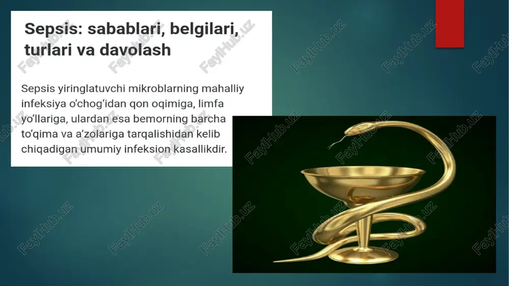 laniaa mayaa qora dog'lar paydo bo'lib, bo’g'im va mushaklarida yallig'lanishlar ro'y beradi. yosh bolalarda esa sepsis ko'pincha zotiljam (pnevmoniya) shaklida kechadi. sepsisning paydo bollishida tashqi va ichki omillar muhim rol o'ynaydi. masalan, u ba’zida hasharotlar (chivin, pashsha, kana, burga, o'rgimchak) chaqqandan so‘ng ham yuzaga keladi. shuningdek, ba’zan teridagi ochiq jarohatlarga infeksiya tushganda, yaralarning bitishi kechikkanda, turli gangrenozlar (asosan oyoq gangrenasi)da, qorin bo'shlig‘i a’zolaridagi jarrohliklardan so‘ng va o'tkir xirurgik kasalliklar asorati sifatida paydo bo'ladi. ushbu magolani ham o’qing: abituriyentlar diqqatiga: qo‘'shimcha kontrakt narxlari tasdiqlandi hozirgi kunda yuz-jag’ sohasidagi yallig'lanish kasalliklari, ayniqsa bolalardagi bunday jarayonlar ko’pgina holatlar septik asoratlar bermoqda. odontogen sepsis milk yoki jag'lardagi yiringlash tufayli yuzaga kelib, ko'p hollarda jag’ osti limfa tugunlari yiringlashi va f y © a (2 lial avitsenna.uz — hozirgi kunda yuz-jag’ sohasidagi yallig‘lanish kasalliklari, ayniqsa bolalardagi bunday jarayonlar ko'pgina holatlar septik asoratlar bermoqda. odontogen sepsis milk yoki jag'lardagi yiringlash tufayli yuzaga kelib, ko'p hollarda jag‘ …