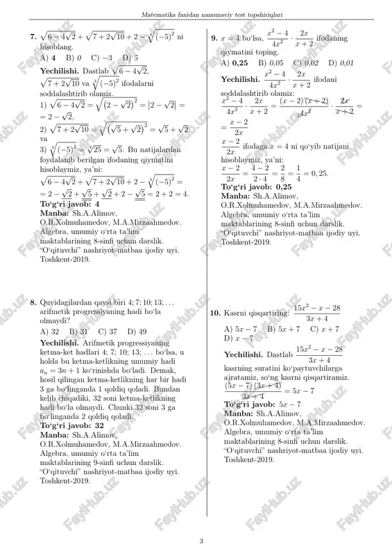 iqlari 23. teng yonli abcd trapetsiyaning yuzini toping. a d c b 7 4 h a) 28 b) 11 c) 24 d) 21 yechilishi. rasmda tasvirlangan teng yonli abcd trapetsiyaning yuzi s = ab +dc 2 ·dh ga teng. berilgan trapetsiya teng yonli bo‘lganligi uchun ab +dc 2 = hb o‘rinli. demak ab +dc 2 = 7 va dh = 4. u holda s = ab +dc 2 ·dh = 7 · 4 = 28 ga teng. to‘g‘ri javob: 28 manba: a.a.rahimqoriyev, m.a.toxtaxodjayeva. geometriya, umumiy o‘rta ta’lim maktablarining 8-sinfi uchun darslik. “o‘zbekiston” nmiu, toshkent-2019. 24. rasmda berilgan ma’lumotlardan foydalanib, aylana uzunligini toping. b o a 12 8 c a) 10π b) 12π c) 9π d) 11, 2π yechilishi. aylanaga ab urinma bo‘lganligi uchun oa⊥ab. bundan oab to‘g‘ri burchakli (∠oab = 90◦) uchburchak. oa = oc = r, pifagor teoremasiga asosan r2 + 122 = (r + 8)2 tenglik o‘rinli. bundan …