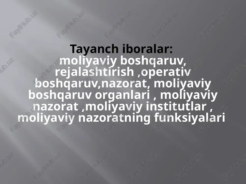 idan belgilangan qoidalarga xo’jalik sub’ektlar, mansabdor shaxslar rioya etishini kontrol qilishdan iborat faoliyatdir. moliyaviy nazorat – bu moliyaviy tekshirish va u bilan bog’liq bo’lgan masalalar harakatini va muomalasini majmui bo’lib, xo’jalik sub’ektlari faoliyatini va boshqarishni o’ziga xos usullar va shakllar yordamida tashkil etish. davlat moliyaviy nazorat organi bo’lib moliya vazirligi qoshida tuzilgan nazorat-taftish boshqarmasi mavjud. 8-avgust 1996-yilda o’zbekiston respub-likasining prezidenti “tekshirishlarni tartibga solish va nazorat organlarini faoliyatini koordinatsiyasini takomillashtirish” to’g’ri-sidagi qarorga imzo qo’ydi. unda tekshirish-larni nazorat qilish maqsadida, xo’jalik sub’ektlarining faoliyatiga, mulkchilik shaklidan qat’iy nazar, nazorat organlari tomonidan sababsiz aralashishni yo’l qo’ymaslik, xo’jalik sub’ektlarni moliya-xo’jalik faoliyatini tekshirish va tahlil qilishni koordinasiyalash o’zbekiston respublikasi davlat soliq qo’mitasi zimmasiga yuklatildi. kengaytirilgan takror ishlab chiqarishda muhim rolining bir ko’rinishidir boshqaruvning tartibga solish, rejalashtirish, hisob-kitob va xo’jalikni yurituvchi sub’ekt faoliyatining tahlili singari mustaqil vazifasidir. taqsimlash munosabatlari orqali ishlab chiqarish, ayriboshlash, muomala va iste’mol munosabatlariga tadbiq etiladi davlat boshqaruv organlari faoliyatining turlaridan biri sifatida namoyon …