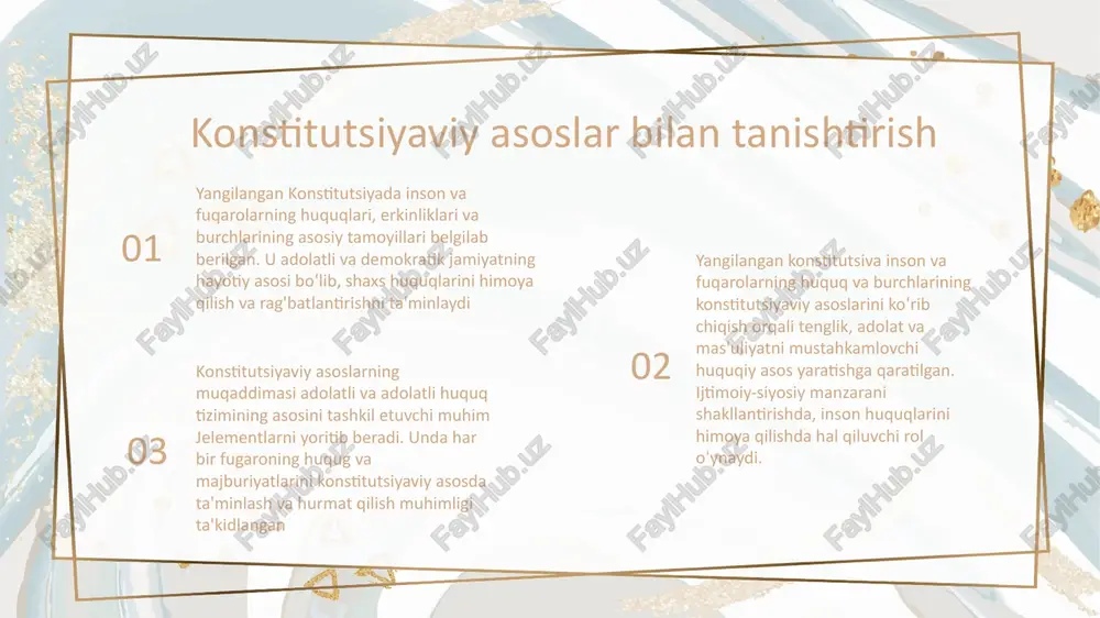 larning huquq va burchlari himoya qilinishi va hurmat qilinishini ta'minlovchi kafolat vazifasini oʻtaydi. add your text here xo'sh yangilangan konstitutsiyada inson va fuqarolarning huquq va erkinliklarining konstitutsiyaviy asoslari belailab berildi.unda ushbu huquglarni himoya qilish va ularning himoyasini ta'minlashda konstitutsiyaning hal qiluvchi roli alohida ta'kidlangan add your text here konstitutsiyaning inson huquqlarini himoya qilishdagi roli 10 10 11 11 12 12 03 enter title the user can perform the presentation on a projector or computer, and the powerpoint can be printed out and made into film. 13 13 04 enter title the user can perform the presentation on a projector or computer, and the powerpoint can be printed out and made into film. 14 14 15 15 add your text here add your text here add your text here fuqarolarning huquq va majburiyatlari 16 16 e'tiboringiz uchun rahmat! 17 17 1.png 2.png 3.png 4.jpeg 5.jpeg 6.jpeg 7.jpeg 8.jpeg 9.jpeg 10.jpeg 11.jpeg …