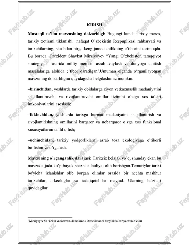 : · yoshlarga bu obodalar qay tarzda va qay uslubda barpo qilinganini namoyon etadi, ajdodlarimiz azaldan mehnatsevar va zukkoligini aks etadi; · tarixiy obidalarga ziyon yetqazmaslik, tarixiy topilmalarni asrab-avaylash hamda bu obidlar bilan yaqindan tanishtirish; mustaqil ishning ob’ekti: me’morchilik, san’at va madaniyat uyg’unligi. tarixiy yodgorliklarning namunalari. mustaqil ish mavzusining predmeti: yoshlarga tarixiy obidalarni, me’morchilik va qo’l mehnatini qadlash va asrash. mustaqil ish mavzusining yoritishda qo’llangan usullar: ilmiy bilishning tarixiyligi, mantiqiyligi, qiyosiy tahlil, analiz va sintez, umumlashtirish va taqqoslash usullaridan foydalanildi. mustaqil ishning ilmiy va amaliy ahamiyati. ushbu ishda tarixga yuzlanib tarixiy madaniyatni o’rganish. ishlardagi xulosalar va umumlashtirishdan, takliflardan me’morchilik, tarixiy yodgorlikni asrash va bunyod qilishda oid referatlar, slaydlar, mustaqil ishlarni tayyorlashda, ilmiy maqolalar yozishda, tarixiy obidalarni asrashni targ’ibot ishlarida foydalanish mumkin. i bob. amir temur va temuriylarning madaniy hayoti 1.1 amir temur va temuriylar davlatining ijtimoiy-iqtisodiy, madaniy- maishiy taraqqiyoti temur va temuriylar davri o’rta osiyo madaniyatida alohida davrni tashkil qiladi. …