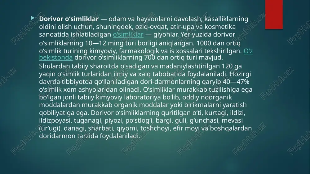ilan boyigan. dorivor oʻsimliklardan koʻproq, anor, achchiqmiya, bodom, doʻgʻbuy, dorivor gulxayri, yongʻoq, jagʻ-jagʻ, zubturum, isiriq, itburun, omonqora, pista daraxti, sachratqi, choyoʻt, shildirbosh, shirinmiya, shuvoq, yantoq, yalpiz, kiyikoʻt, togʻrayhon, qizilcha, qoqioʻt va boshqalari tarqalgan. achchiqmiyadan paxikarpin, oqquraydan pesni davolashda qoʻllaniladigan psoralen, isiriqdan garmin, itsigekdan anabazin, omonqoradan galantamin, shildirboshdan sferofizin va b. alkaloidlar olinadi. anor pustidan gijja haydovchi pelterin tanat va ekstrakt tayyorlanadi. dorivor gulxayri preparatlari balgʻam koʻchiruvchi va yumshatuvchi, jagʻ-jagʻ va lagoxilusdan tayyorlangan dorilari qon ketishini toʻxtatuvchi, pista bujgʻuni va choyoʻtdan tayyorlangan dorilar meʼdaichak kasalliklarini davolashda ishlatiladi. s.q. islombekov nomidagi toshkent farmatsevtika zdida oʻzbekistonda oʻsadigan va ekiladigan dorivor oʻsimliklardan turlituman dorilar tayyorlanadi. dorivor oʻsimliklarni topish va ulardan alkoloidlar olishda oʻzbekistan fa oʻsimlik moddalari kimyosi institutining xizmati katta. intda 4000 dan ortiq oʻsimlikning turli organlari alkoloid olish maqsadida oʻrganilib, ulardan 1000 ga yaqin tabiiy birikmalar ajratib olingan. shu asosda sitizin, galantamin kabi 20 dan ortiq qimmatli preparat yaratilgan va tibbiyotga joriy qilingan. …