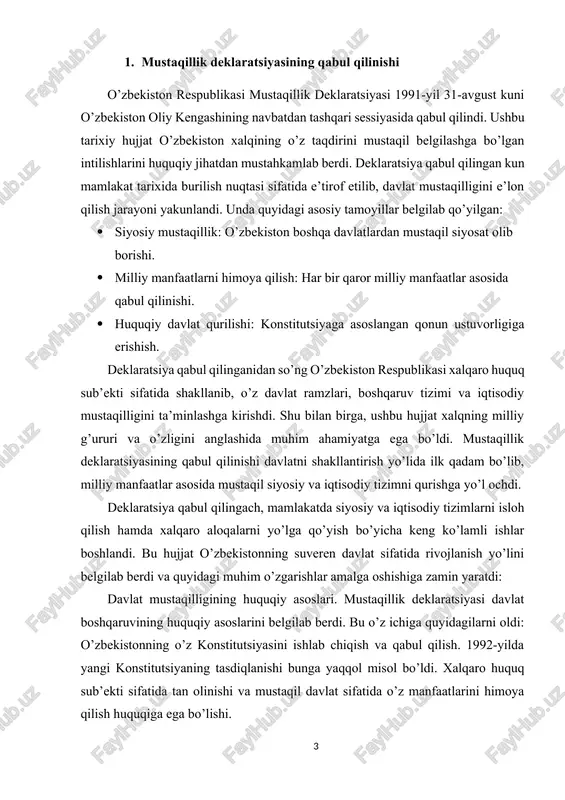 sodiy tizimni qurishga yo’l ochdi. deklaratsiya qabul qilingach, mamlakatda siyosiy va iqtisodiy tizimlarni isloh qilish hamda xalqaro aloqalarni yo’lga qo’yish bo’yicha keng ko’lamli ishlar boshlandi. bu hujjat o’zbekistonning suveren davlat sifatida rivojlanish yo’lini belgilab berdi va quyidagi muhim o’zgarishlar amalga oshishiga zamin yaratdi: davlat mustaqilligining huquqiy asoslari. mustaqillik deklaratsiyasi davlat boshqaruvining huquqiy asoslarini belgilab berdi. bu o’z ichiga quyidagilarni oldi: o’zbekistonning o’z konstitutsiyasini ishlab chiqish va qabul qilish. 1992-yilda yangi konstitutsiyaning tasdiqlanishi bunga yaqqol misol bo’ldi. xalqaro huquq sub’ekti sifatida tan olinishi va mustaqil davlat sifatida o’z manfaatlarini himoya qilish huquqiga ega bo’lishi. davlat ramzlarining tasdiqlanishi. deklaratsiyadan keyin davlat mustaqilligini aks ettiruvchi ramzlar – bayroq, gerb va madhiya tasdiqlandi. ushbu ramzlar o’zbekiston xalqining milliy birligi va mustaqilligini ifodalashda katta ahamiyat kasb etdi. siyosiy tizimdagi o’zgarishlar. mustaqillik deklaratsiyasi mamlakatda yangi siyosiy tizim – demokratik boshqaruvning poydevorini yaratdi. turli siyosiy partiyalar va jamoat tashkilotlari faoliyat ko’rsatishi uchun sharoit yaratildi. prezidentlik boshqaruvi tizimi …