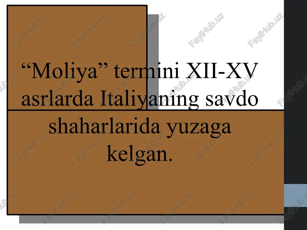 , qayta taqsimlash natijasida xo`jalik yurituvchi sub’yektlar va davlatning qo`lidagi vaqtincha bo`sh pul mablag`lari yig`indisidir. moliyaviy resurlar manbalari: xo`jalik sub’yektlari miqyosida: foyda, amortizat-siya fondi, qimmatli qog`ozlar realizatsiyalari, bank kreditlari, foizlar, dividendlar. jismoniy shaxslar miqyosida: ish haqi, mukofotlar, qo`shimcha ish haqi, ijtimoiy to`lovlar, safar harjat-lari, tadbirkorlik faoliyatidan olingan daromadlar. davlat va mahalliy hokimiyat organlari miqyosida: davlat unitar korxonalari foydasi, davlat mulkini xususiylashtirishdan tushumlar, tashqi iqtisodiy faoliyatdan daromadlar, soliq tushumlar, davlat krediti, pul emissiyasi. takror ishlab chiqarish jarayoni harajatlarini ta’minlash 4 shaklda amalga oshiriladi: o`z-o`zini moliyalashtirish. bunda korxonalar takror ishlab chiqarish jarayonlari uchun zaruriy harajatlarni ichki moliyaviy resurslar hisobiga qoplashi mumkin. uning moliyaviy manbai korxonalar foydasi, amortizatsiya va boshqa o`ziga tegishli moliyaviy resurslar hisoblanishi mumkin. kreditlash. bunda xo`jalik sub’yekti harajatlarni muddatlilik, qaytaruvchanlik, maqsadlilik va ta’minlanganlik shakllari asosida banklar va boshqa kredit muassasalaridan kreditlari evaziga qoplaydilar. jalb qilingan mablag`larni shakllantirish. bunda takror ishlab chiqarish jarayoni harajatlari moliyaviy bozorlarga qimmatbaho qog`ozlar chiqarish yo`li bilan …
