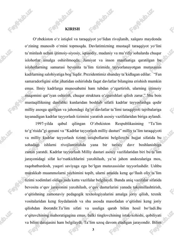 berishda ishtirok etadigan kishilar sifati bilan belgilansa, bilim individuallikka ega bo‘ladi.ta’limni amalga oshiradigan yoki dars beradigan kishilarning saviyasi turlicha bo‘lishi mumkin.lekin guruhdagi o‘quvchilarga beriladigan ta’lim bir xildir.o‘qituvchi bilim emas, balki ta’lim beradi.o‘quvchi esa ana shu ta’lim jarayonida bilimga ega bo‘ladi. buning uchun u mustaqil o‘qiydi, tayyorlanadi, mushohada qiladi, tasavvurlarga ega bo‘ladi, eshitganlari va o‘qitganlarini sintez qiladi. natijada bilimga ega bo‘ladi. o‘quv jarayoni bilan bog’liq ta’lim sifatini belgilovchi holatlar quyidagilar: yuqori ilmiy-pedagogik darajada dars berish, muammoli ma’ruzalar o‘qish, darslarni savol-javob tarzida qiziqarli tashkil qilish, ilg’or pedagogik texnologiyalardan va multimedia qo‘llanmalardan foydalanish tinglovchilarni undaydigan, o‘ylantiradigan muammolarni ular oldiga qo‘yish, talabchanlik, tinglovchilar bilan individual ishlash, ijodkorlikka undash, erkin muloqot yuritishga, ijodiy fikrlashga o‘rgatish, ilmiy izlanishga jalb qilish va boshqa tadbirlar ta’lim ustivorligini ta’minlaydi. bugungi kunda jamiyat taraqqiyoti, fan va texnologiyalar rivojlanishi inson tafakkurining yuksak darajada faol bo‘lishini talab etadi. insonning aqliy faoliyati — bu uning bilish, tahlil qilish, fikrlash va muammoni hal etish …