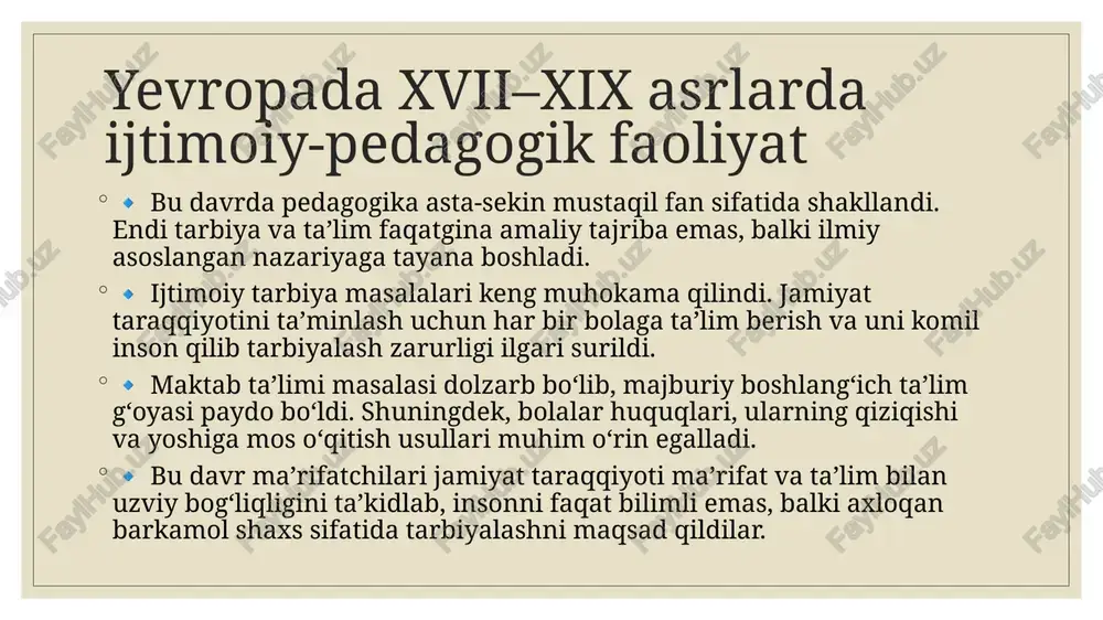 a pedagogik tafakkurning shakllanishiga asos bo‘lib, keyinchalik yevropa ma’rifatparvarlari pedagogikasiga ham sezilarli ta’sir ko‘rsatgan. ilmiy-analitik jihatdan qaralganda, xorijiy sharq mutafakkirlarining pedagogik g‘oyalari uch asosiy yo‘nalishda jamlanadi: shaxsning axloqiy yetukligi, ilmiy-ma’naviy kamoloti va jamiyatga foydali inson sifatida shakllanishi. mazkur qarashlar bugungi kunda ham tarbiyaviy jarayonning nazariy-metodologik poydevorini mustahkamlashda dolzarb ahamiyat kasb etmoqda. lao-szi (mil. avv. vi–v asrlar) lao-szi (mil. avv. vi–v asrlar) xitoy falsafasining eng yirik vakillaridan biri bo‘lib, daoizm ta’limotining asoschisi sifatida jahonga tanilgan. uning nomi bilan bog‘liq “dao de tszin” (“yo‘l va fazilat kitobi”) asari sharq falsafasi tarixida inson, tabiat va jamiyat munosabatlarini falsafiy jihatdan tahlil qilgan eng qadimiy manbalardan biridir. lao-szining qarashlarida “dao” tushunchasi markaziy o‘rinni egallaydi. dao — bu borliqning abadiy qonuni, tabiat va jamiyatning uyg‘unlik asosidir. unga ko‘ra, inson hayotda tabiat qonunlariga zid ish tutmasligi, sodda, halol va kamtarona yashashi lozim. shu ma’noda lao-szi ta’limotida inson tarbiyasi — tabiiylik va ma’naviy poklikni saqlash bilan bog‘liqdir. pedagogik …
