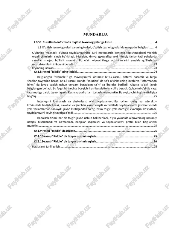 olgan holda biz informatika o‘qituvchisining pedagogik faoliyatini bir butun model ko‘rinishiga keltirib oldik. informatikani o‘qitishda foydalaniladigan texnologiyalar xilma-xil bo‘lib (ta’limda virtual texnologiyalar, o‘quv-biluv faoliyatini faollashtirishga qaratilgan texnologiyalar, multimediali texnologiyalar, o‘quvchilar bilimini nazorat qiluvchi texnologiyalar, loyihaviy o‘qitish texnologiyalari va h.k.), qo‘llanmada bu texnologiyalar informatikani o‘qitish misolida batafsil yoritib berilgan. informatikani o‘qitish jarayonida ta’lim jarayonini loyihalashtirish muhim vazifa hisoblanib, o‘qituvchining innovatsion pedagogik faoliyatni loyihalashtirishi natijasida o‘quv jarayonini, darsdan tashqari mashg‘ulotlarni loyihalashtirish, bilimlarni nazorat qilish va baholashni loyihalashtirish, informatikani kasbga yo‘naltirib o‘qitishni loyihalashtirishga erishilishi ilmiy tushunchalarga asoslanib ochib berilgan. ushbu o‘quv qo‘llanma, uzluksiz ta’lim tizimining barcha bo‘g‘inlarida faoliyat ko‘rsatayotgan professor-o‘qituvchilar, pedagoglar jamoasi, ilmiy tadqiqotchilar, magistr va bakalavrlar uchun zarur manba bo‘lib hisoblanadi. i bob. 9-sinflarda informatia o‘qitish texnologiyalariga kirish 1.1 o‘qitish texnologiyalari va uning turlari, o‘qitish texnologiyalarida maqsadni belgilash. o‘qitish texnologiyasi- bu texnik va inson resurslariga asoslangan butun o‘quv jarayonini optimallashtirishga qaratilgan, ma’lum didaktik maqsadga erishishini kafolatlaydigan o‘quv jarayonini yaratish, qo‘llash va tartibga …