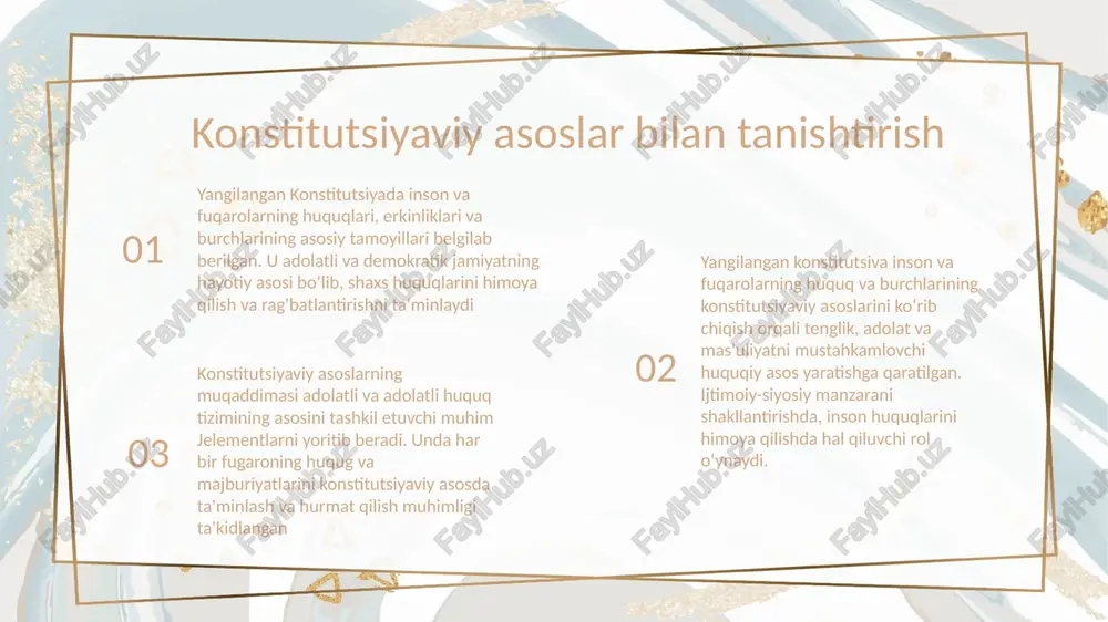 urchlari himoya qilinishi va hurmat qilinishini ta'minlovchi kafolat vazifasini oʻtaydi. add your text here xo'sh yangilangan konstitutsiyada inson va fuqarolarning huquq va erkinliklarining konstitutsiyaviy asoslari belailab berildi.unda ushbu huquglarni himoya qilish va ularning himoyasini ta'minlashda konstitutsiyaning hal qiluvchi roli alohida ta'kidlangan add your text here konstitutsiyaning inson huquqlarini himoya qilishdagi roli 10 11 12 03 enter title the user can perform the presentation on a projector or computer, and the powerpoint can be printed out and made into film. 13 04 enter title the user can perform the presentation on a projector or computer, and the powerpoint can be printed out and made into film. 14 15 add your text here add your text here add your text here fuqarolarning huquq va majburiyatlari 16 e'tiboringiz uchun rahmat! 17 1.png 2.png 3.png 4.jpeg 5.jpeg 6.jpeg 7.jpeg 8.jpeg 9.jpeg 10.jpeg 11.jpeg 12.jpeg 13.jpeg fugarolarning konstitutsiyaviy burchlari fuqarolarning konstitutsiyaviy burchlari - bu har …
