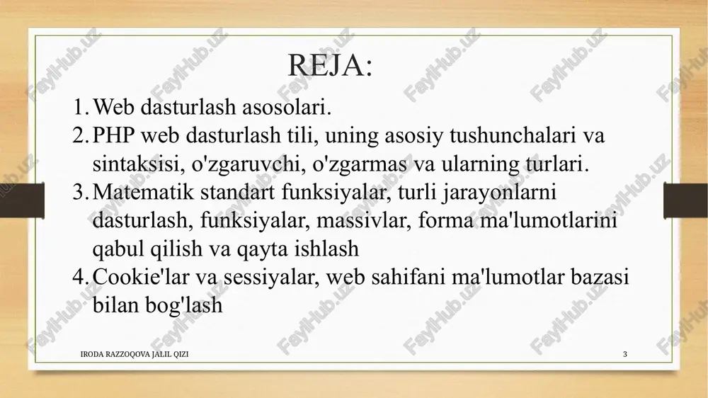 a oʻzgaruvchining nomi keladi: yuqoridagi misolda o'zgaruvchi $xqiymatni ushlab turadi 5va o'zgaruvchi $yqiymatni ushlab turadi "john". eslatma: o'zgaruvchiga matn qiymatini tayinlaganingizda, qiymat atrofida tirnoq qo'ying. eslatma: boshqa dasturlash tillaridan farqli o'laroq, php da o'zgaruvchini e'lon qilish buyrug'i yo'q. u birinchi marta unga qiymat bergan paytda yaratiladi. o'zgaruvchilarni ma'lumotlarni saqlash uchun konteyner sifatida tasavvur qiling. iroda razzoqova jalil qizi 13 o'zgaruvchining qisqa nomi (kabi $xva $y) yoki ko'proq tavsiflovchi nomi ( $age, $carname, $total_volume) bo'lishi mumkin. php o'zgaruvchilari uchun qoidalar: o'zgaruvchi belgidan boshlanadi $, keyin o'zgaruvchining nomi o'zgaruvchi nomi harf yoki pastki chiziq belgisi bilan boshlanishi kerak o'zgaruvchi nomi raqam bilan boshlanmaydi oʻzgaruvchi nomi faqat alfa-raqamli belgilar va pastki chiziqdan iborat boʻlishi mumkin (az, 0-9 va _ ) o'zgaruvchilar nomlari katta-kichik harflarga sezgir ( $ageva $ageikki xil o'zgaruvchidir) esda tutingki, php o'zgaruvchilar nomlari katta-kichik harflarga sezgir! iroda razzoqova jalil qizi 14 chiqish o'zgaruvchilari php echobayonoti ko'pincha ma'lumotlarni ekranga chiqarish uchun ishlatiladi. …