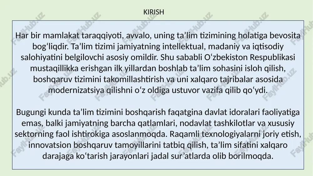 chlari orqali baholash yo‘lga qo‘yilmoqda. ta’lim tizimida boshqaruv islohotlari so‘nggi yillarda ta’lim tizimida keng ko‘lamli islohotlar amalga oshirilmoqda. jumladan: maktabgacha ta’lim tizimi alohida vazirlik sifatida tashkil etildi (2017-yil). oliy ta’lim tizimida kredit-modul tizimi, akademik mustaqillik, xalqaro akkreditatsiya yo‘lga qo‘yildi. kasb-hunar ta’limi qayta tashkil etildi va ishlab chiqarish bilan integratsiya kuchaytirildi. ta’lim sifatini nazorat qilish davlat inspeksiyasi faoliyati takomillashtirildi. xalqaro baholash tizimlari (pisa, pirls, timss) da qatnashish orqali ta’lim sifatini xalqaro mezonlar asosida baholash boshlandi. ta’lim boshqaruvida raqamlashtirish va innovatsion texnologiyalar zamonaviy davrda ta’lim tizimini boshqarishda raqamlashtirish alohida ahamiyat kasb etadi. bugungi kunda quyidagi raqamli tizimlar keng joriy etilgan: “emis” (education management information system) — barcha ta’lim muassasalarining yagona ma’lumotlar bazasi; “my.edu.uz” — o‘qituvchilar va o‘quvchilar uchun elektron xizmatlar portali; “eduportal.uz”, “ziyonet.uz”, “edu.market” — raqamli o‘quv resurslari; elektron jurnal va kundalik tizimi — ota-onalar nazorati va ochiqlikni ta’minlaydi. xulosa o‘zbekiston respublikasida ta’lim tizimini boshqarish mustaqillik yillarida tubdan isloh qilindi. bugungi kunda …
