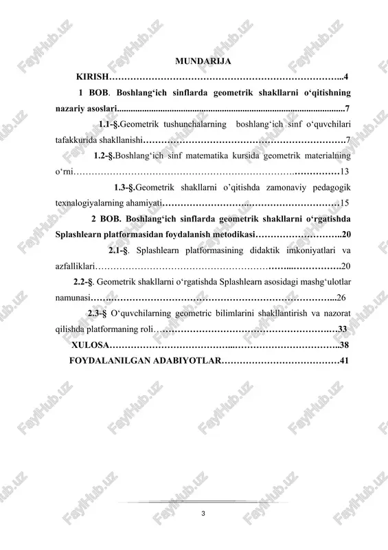 ilarda izchillik, aniqlik va strategik fikrlash ko‘nikmalarini shakllantiradi. zamonaviy matematika darslarida geometrik shakllarni o‘rgatishda o‘qituvchidan yuqori darajadagi metodik bilim, didaktik vositalardan samarali foydalanish va yangicha yondashuvlarni qo‘llash talabi mavjud. shu sababli, ushbu mavzuni o‘qitish metodikasini chuqur o‘rganish, mavjud yondashuvlarni tahlil qilish, samarali usullarni ishlab chiqish va ularni amaliyotga joriy etish bugungi kunda dolzarb masalalardan biri hisoblanadi. ishning maqsadi: ushbu kurs ishining asosiy maqsadi – boshlang‘ich sinf o‘quvchilarga geometrik shakllarni samarali o‘rgatish metodikasini ishlab chiqish, amaliyotda qo‘llanilayotgan yondashuvlarni tahlil qilish, mavjud muammolarni aniqlash va ularni bartaraf etish yo‘llarini ko‘rsatishdan iborat. ishning vazifalari quyidagilardan iborat: boshlang‘ich sinflarda geometrik tushunchalarni shakllantirish jarayonini o‘rganish, geometrik materialning matematika kursidagi o‘rnini tahlil qilish, zamonaviy pedagogik texnologiyalarning (splashlearn misolida) o‘quv jarayonidagi ahamiyatini aniqlash, splashlearn platformasidan foydalanish metodikasini ishlab chiqish. geometrik shakllarni o‘rgatishning nazariy-metodik asoslarini yoritish, dars ishlanmalari, o‘quv topshiriqlari, misollar va didaktik vositalardan samarali foydalanish yo‘llarini ko‘rsatish, o‘quvchilarning mavzuni o‘zlashtirishiga to‘sqinlik qiluvchi muammolarni aniqlash va ularni bartaraf …