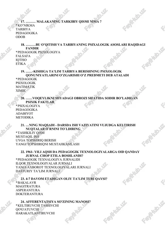 oratga to`g`ri ta`rif berilgan bandni ko`rsating * talaba bilan o`qituvchining o`zaro muloqoti tarzidagi suhbat tarzi baholarni tartibga soluvchi amaliy mashg`ulot va test so`rovnomalarni o`tkazish nazariy va amaliy bilimlar tezlik bilan o`zlashtiriladi o`qituvchining tarbiyaviy qirralarini chuqurlashtiriladi va boyitiladi 34. an’anaviy ta’limda kim tomonidan asoslangan sinf-dars tizimi mohiyati aks ettiradi? * yan amos kamenskiy lerner davidov bezpalko 35. an’anaviy ta’limga kim tomonidan asos solingan? * a n farobiy a r beruniy ya a komenskiy xuquqiy tarbiya 36. aniq bir tartibda joylashgan so’zlar yoki birikmalar to’plami nima deyiladi? * lug’at o’quv qo’llanma vosita multimedia 37. aniq mutaxasislik bo’yicha fundamental va amaliy bilimlar beradigan ta’lim muddati kamida 2yil davom etadigan oliy ta’lim turi? * magistratura bakalavriyat kadrlar malakasini oshirish oliy talimdan keying talim 38. antik davr mutafakkirlaridan kimlar pedagogning kasb mahorati va notiqlik san`ati haqida fikr bildirgan? tarbiya samaradorligi bog’liq… * qatnashuvchilar faolligi talab istak xoxish 39. aql-farosat go`zallik va didni o`stiruvchi tarbiya turi …