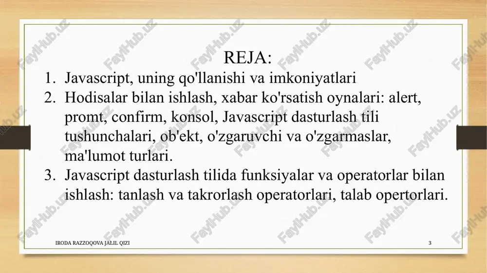 azzoqova jalil qizi 27 iroda razzoqova jalil qizi 28 iroda razzoqova jalil qizi 29 iroda razzoqova jalil qizi 30 javascript funksiyasi sintaksisi functionjavascript funksiyasi kalit so'z, undan keyin ism va keyin qavs () bilan belgilanadi . funktsiya nomlarida harflar, raqamlar, pastki chiziq va dollar belgilari bo'lishi mumkin (o'zgaruvchilar bilan bir xil qoidalar). qavslar vergul bilan ajratilgan parametr nomlarini o'z ichiga olishi mumkin: ( parametr1, parametr2, ... ) funktsiya tomonidan bajariladigan kod jingalak qavslar ichiga joylashtiriladi: {} iroda razzoqova jalil qizi 31 funktsiyani chaqirish funktsiya ichidagi kod "biror narsa“ funktsiyani chaqirganda (chaqirganda) bajariladi : voqea sodir bo'lganda (foydalanuvchi tugmani bosganda) u javascript kodidan chaqirilganda (chaqirilsa). avtomatik (o'z-o'zidan chaqiriladi) funktsiya parametrlari funksiya ta'rifida qavslar () ichida keltirilgan. funksiya argumentlari funksiya chaqirilganda qabul qiladigan qiymatlardir . funktsiya ichida argumentlar (parametrlar) mahalliy o'zgaruvchilar sifatida ishlaydi. javascript bayonotga yetganda return, funktsiya bajarilishini to'xtatadi. agar funktsiya bayonotdan chaqirilgan bo'lsa, javascript chaqiruvchi bayonotdan keyin kodni bajarish uchun …