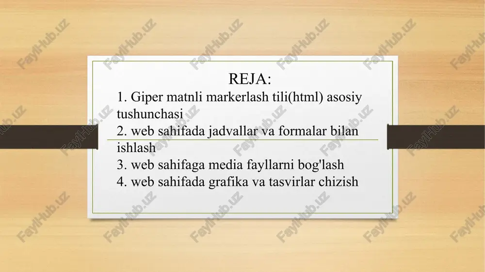 an rasm, tasvir, hattoki, grafik formatda ifodalangan matn bo’lishi ham mumkin. bu yerda faylning aniqlangan formati muhim rol o’ynaydi. ko’pchilik matn muharrirlari (notepad, simpletext) grafik fayllarni o’zlarida tasvirlay (ko’ra, ifodalay) olmaydilar. buning uchun maxsus tasvirlarni ko’rish programmasi, grafik muharrirlar mavjud. tasvirlarni web-sahifaga joylashtirish juda oddiy. buning uchun elementi kerak bo’ladi. shuni tushunish kerakki, rasm sahifaga joylashtirilmaydi, balki rasmga sahifadan turib murojaat (rasmga yo’l) ko’rsatiladi. rasm fayli esa kompyuterning qattiq diskida yoki tarmoqda joylashgan bo’lishi mumkin. iroda razzoqova jalil qizi 20 tarmoqda tasvirlarning asosan jpeg (joint phorographic experts group «dji-peg» deb o’qiladi), gif (graphics interchange format «gif» deb o’qiladi) va png (portable network graphics) kabi formatlari qo’llaniladi. bundan tashqari pcx, tiff va pict kabi formatlar ham internetda uchraydi. agar foydalanuvchida boshqa formatdagi tasvirlar bo’lib, uni web-sahifaga joylashtirmoqchi bo’lsa, u holda uni yuqoridagi formatlardan birida ifodalab olishi maqsadga muvofiqdir. web-sahifa uchun tasvirni qo’yayotganda quyidagi qoidalarga e'tibor berish lozim: birinchidan, «tushlik uchun yaxshi …