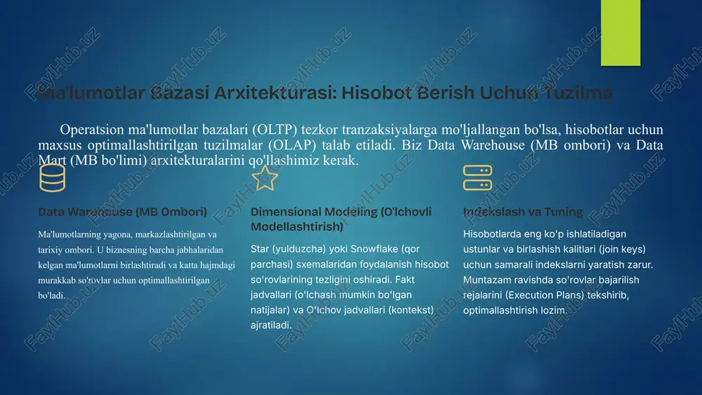 qaytaradigan so'rovlar uchun offset va limitdan foydalaning. agregatsiya funksiyalari (sum, avg) uchun indekslardan foydalanishni ta'minlang. select *dan qoching; faqat kerakli ustunlarni tanlang. where shartlarida funksiyalardan foydalanmaslikka harakat qiling (masalan, where year(date_column) = 2023 o'rniga where date_column between ...). amaliy maslahat: murakkab hisobotlar uchun oldindan hisoblab chiqilgan jadvallardan (materialized views) yoki vaqtinchalik jadvallardan (temporary tables) foydalanish, so'rovlarni real vaqtda qayta ishlash yukini sezilarli darajada kamaytiradi. 5 hisobot turlari va ularni amaliyotda qo'llash biznes ehtiyojlariga qarab turli xil hisobot turlari qo'llaniladi. har bir tur o'zining maqsadiga va taqdim etilishi kerak bo'lgan ma'lumotlar strukturasiga ega. operatsion hisobotlar kundalik yoki real vaqtdagi faoliyatni kuzatish uchun. masalan, joriy savdolar, zaxira darajasi yoki serverning joriy holati. yuqori aniqlik va tezkorlik talab etiladi. strategik hisobotlar uzoq muddatli trendlar va tashkiliy samaradorlikni baholash. masalan, yillik o'sish, bozor ulushi tahlili. tarixiy ma'lumotlarning keng qamrovini talab qiladi. ad-hoc hisobotlar kutilmagan savollarga javob berish yoki muayyan masalani tezkor tahlil qilish uchun …