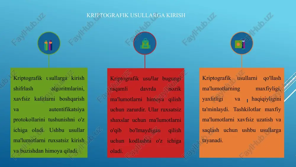 n foydalangan holda, raqamli imzo jo'natuvchining xabarni yuborishni rad eta olmasligini va kontent o'zgartirilmaganligini ta'minlaydi. raqamli imzolar xavfsiz muloqotni ta'minlash, buzg'unchilik yoki taqlid qilishning oldini olish, onlayn tranzaktsiyalar va o'zaro munosabatlarga ishonchni mustahkamlashda muhim rol o'ynaydi. ochiq kalitlar infratuzilmasi asoslari pki xavfsiz autentifikatsiya, shifrlash va raqamli imzolarni yoqish orqali raqamli dunyoda ishonch uchun asos yaratadi. uning asoslarini tushunish ishonchli axborotni himoya qilish strategiyalarini amalga oshirish uchun zarurdir. ochiq kalitlar infratuzilmasi (pki) axborotni himoya qilish uchun kriptografik usullarning muhim tarkibiy qismidir. bu xavfsiz aloqani ta'minlash uchun raqamli sertifikatlarni yaratish, boshqarish va tarqatishni o'z ichiga oladi. pki-dagi asosiy tushunchalardan biri assimetrik shifrlashdan foydalanish bo'lib, bunda aloqaning har bir ishtirokchisi bir juft kalitga ega - ochiq va shaxsiy. ochiq kalit erkin taqsimlanadi, shaxsiy kalit esa maxfiy saqlanadi. e'tibor berish kerak bo'lgan umumiy kriptografik hujumlar 1 2 3 axborotni himoya qilish uchun kriptografik usullardan foydalanganda ma'lumotlar xavfsizligini buzishi mumkin bo'lgan keng tarqalgan kriptografik hujumlardan …