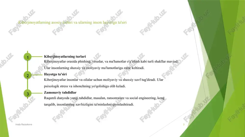 chora-tadbirlar ko‘rishdir. kiberjinoyatlarga qarshi yuritiladigan huquqiy chora-tadbirlar va ularning samaradorligi iroda razzokova 8 huquqiy mexanizmlar o‘zbekistonda kiberjinoyatlarni oldini olish va jazolash uchun maxsus qonunlar va normativ huquqiy hujjatlar joriy etilgan, masalan, "kiberxavfsizlik to‘g‘risida" qonuni. jahon hamkorligi xalqaro hamkorlik va axborot texnologiyalari bo‘yicha tashkilotlar orqali, kiberjinoyatlar bilan kurashishda o‘zaro ma’lumot almashish va strategiyalar ishlab chiqiladi. texnologik xavfsizlik choralari zamonaviy texnologiyalar, shaxsiy ma’lumotlarni shifrlash va xavfsizlik devorlari yordamida, kiberhujumlarga qarshi profilaktika va himoya choralari amalga oshiriladi. kiberxavfsizlikni ta’minlash uchun asosiy huquqiy ramkalar iroda razzokova 9 01 huquqiy asoslar kiberxavfsizlikni ta’minlash uchun mustahkam huquqiy asoslar mavjud bo‘lib, ular milliy va xalqaro qonunlar, shuningdek, normativ-huquqiy hujjatlarni o‘z ichiga oladi. 02 milliy qonunlar o‘zbekistonning "kiberxavfsizlik to‘g‘risida"gi qonuni va boshqa normativ hujjatlar, shaxsiy ma’lumotlarni himoya qilish va kiberhujumlarga qarshi chora-tadbirlarni belgilaydi. 03 xalqaro kelishuvlar xalqaro hamkorlik doirasida, o‘zbekiston ko‘plab bitimlar va konvensiyalar orqali kiberxavfsizlikni mustahkamlashga intiladi, masalan, osce va yevropa kiberxavfsizlik konvensiyasi. 04 xavfsizlik choralari huquqiy …