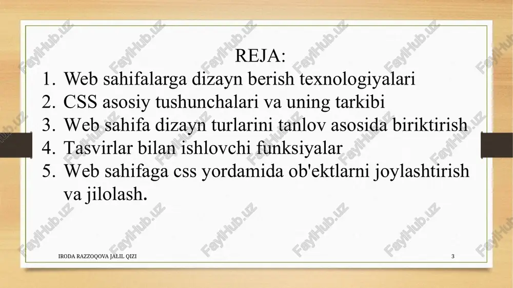 7 iroda razzoqova jalil qizi 18 e’tiboringiz uchun rahmat iroda razzoqova jalil qizi 19 image5.png image6.png image7.png image8.png image9.png image10.png image11.png image12.png image13.png image14.png image15.png image16.png image17.png image18.png image19.png image20.png image21.png image22.png image23.png image3.png image4.png ee la o'rta dengiz yashil ochiq kulrang a salom dunyo misol hello world lorem ipsum. .. misol hello world lorem ipsum... ut wisi enim... chegara rangi chegaralar rangini belgilashingiz mumkin: salom dunyo salom dunyo salom dunyo misol hello world hello world hello world misol a blue heading a red paragraph. misol body {background-color: hl {color: blue;} p {color: red;} powderblue; } this is a heading this is a paragraph. misol this is a heading this is a paragraph. "styles.css": body { background-color: powderblue; } ht { color: blue; 3 pt color: red; css rang, shrift oilasi va shrift o'lchami xususiyatlaridan foydalanish: hi { color: blue; font-family: verdana; font-size: 300%; 3 p{ color: red; font-family: courier; …