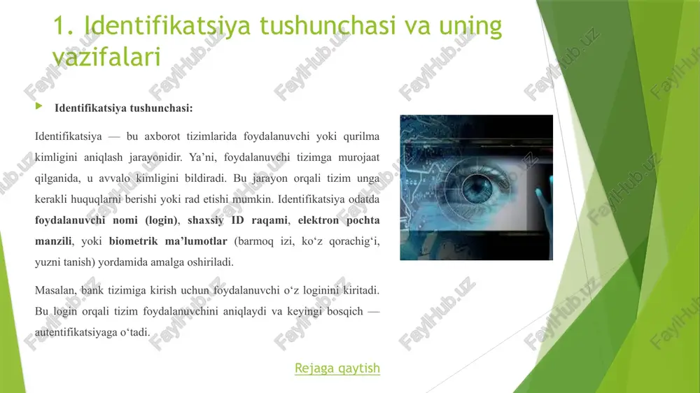 vchilarga tizimga kirish imkonini beradi. biroq, bu usul xavfsizlikka ta'sir ko'rsatadigan ba'zi zaifliklarga ega: parollarni o'zgartirish va eslab qolish: foydalanuvchilar ko'pincha bir xil parolni bir nechta saytlar uchun ishlatadilar, bu esa xakerlar tomonidan hisoblarni buzish xavfini oshiradi. parolni unutish yoki tasodifiy kiritish: ko'plab tizimlar foydalanuvchilarga parolni unutgan taqdirda, javobli savollar yoki boshqa xavfsiz usullarni taklif qiladi. yechimlar: parolni mustahkamlash: murakkab parollar, alifbo va raqamlarning kombinatsiyasini ishlatish. parol menejerlari: parollarni saqlash va boshqarish uchun maxsus dasturlar. rejaga qaytish 2. egalik asosidagi autentifikatsiya (possession-based authentication): bu usulda foydalanuvchi maxsus qurilma yoki token yordamida tizimga kiradi. masalan, mobil telefon orqali sms yoki ilovalar yordamida yuboriladigan tasdiqlash kodi yoki tokenlar yordamida autentifikatsiya amalga oshiriladi. bu usulning afzalliklari: tez va qulay: foydalanuvchilar qo'llarida bo'lgan qurilmalar orqali kirish imkonini beradi. yuqori xavfsizlik: agar telefonni yo'qotish yoki o'g'irlash holati bo'lsa, faqatgina telefonni bilgan shaxs tizimga kira oladi. yechimlar: sms kodlardan ko'ra ilovalar yordamida tasdiqlash: ilovalar ko'proq xavfsizlikni …