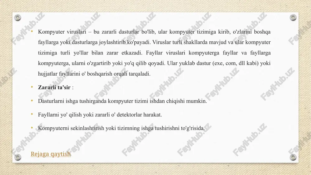 yangilashni kutib turmang, shoshilinch yangilanishlar mavjud bo'lsa, ularni darhol o'rnating. rejaga qaytish 3. shubhali fayllardan saqlash tavsif : viruslar ko'pincha shubhali fayllar orqali tarqaladi, masalan, e-pochta orqali yuborilgan havolalar yoki ilovalar. e-pochta orqali kelgan noma'lum yoki shubhali fayllardan saqlaning . bunday mahsulotlarni faqat ishonchli manbalardan olish kerak. agar e-pochta manzili noma'lum bo'lsa yoki havola shubhali ko'rinsa, uni ochmas kerak. faylni ochishdan oldin, antivirus dasturi bilan uni tekshirib ko'ring. 4. firewall (olov devori) o'rnatish tavsif : firewall — kompyuter va internet tarmog'i o'rtasida devori ishga tushirishni. u tizimga kirishga harakat qiladigan dasturlarni bloklaydi. olov devorini ishlatish : windows yoki macos tizimlarida ichki xavfsizlik devori o'rnatish. ularni faollashtiring. agar siz firell yoki tarmoq jihozidan saqlasangiz, ularni ham to'ri sozlang va vaziyatni yangilab boring. 5. shubhali saytlar va linklardan saqlanish tavsif : shubhali veb-saytlar va noma'lum havolalar viruslar va zararli dasturlar uchun asosiy tarqatish kanallari. toshqin veb-saytlardan ular bilan aytish . ko'pincha, yashirin …