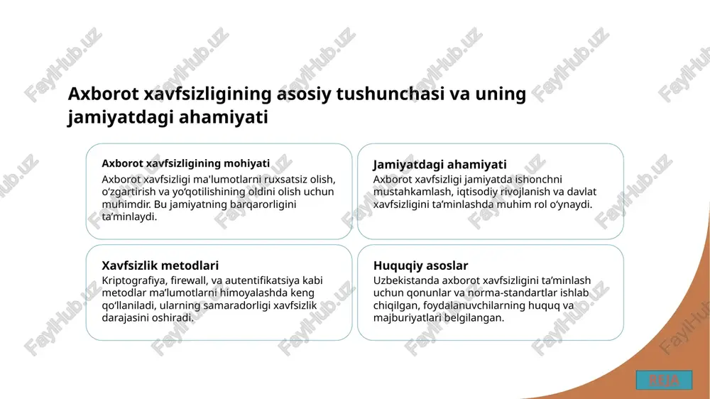 kamaytiradi. 02 blokcheyn texnologiyasi blokcheyn tizimi ma’lumotlarni o‘zgartirish yoki o‘chirishni qiyinlashtiradi, shuningdek, tranzaksiyalarni shaffof va xavfsiz tarzda amalga oshirish imkonini beradi. 03 biometrik autentifikatsiya boshqalar tomonidan oson nusxa ko‘chirib bo‘lmaydigan biometrik ma’lumotlar (barmoq izi, yuz) yordamida foydalanuvchilar identifikatsiya qilinadi, xavfsizlikni oshiradi. 04 sun’iy intellekt va kiberxavfsizlik sun’iy intellekt texnologiyalari tahdidlarni aniqlash va oldini olishda yordam beradi, shuningdek, avtomatlashtirilgan xavfsizlik chora-tadbirlarini amalga oshiradi. reja axborotni ruxsatsiz foydalanishdan himoyalashda yuridik va foydalanuvchi mas’uliyatining o‘rni 01 yuridik javobgarlik yuridik chora-tadbirlar axborotni ruxsatsiz foydalanishiga qarshi muhim himoya vositasi bo‘lib, qonun buzilishlariga jinoiy va ma'muriy javobgarlik bilan javob beriladi. 02 foydalanuvchi mas’uliyati foydalanuvchilar axborotni himoyalashda shaxsiy mas’uliyatga ega bo‘lib, ular xavfsizlikni ta’minlash uchun o‘z bilim va amal qilish majburiyatlarini bajarishi lozim. 03 qonuniy me’yorlar axborotni himoyalashda qonunlar va reglamentlar muhim bo‘lib, ular foydalanuvchilar huquq va majburiyatlarini aniqlab, ruxsatsiz foydalanishni taqiqlaydi. 04 ta’lim va axborot foydalanuvchilarga axborot xavfsizligi bo‘yicha ta’lim berish va ularga tegishli qonunlarni tushuntirish, …
