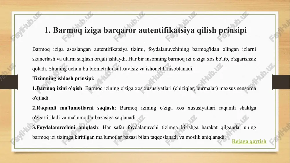 satsiz kirishning oldini olishda juda ishonchli hisoblanadi. foydalanuvchining barmoq izini soxtalashtirish yoki boshqa odamning barmog‘ini taqlid qilish juda qiyin. bu tizim orqali ruxsatsiz kirishni to‘xtatish imkoniyati yuqori bo‘lib, parollar yoki pin-kodlar kabi an'anaviy autentifikatsiya usullariga nisbatan ancha xavfsizdir. tez va qulay foydalanish: foydalanuvchilar barmoq izini faqat bir marta skanerlash orqali tizimga kira olishadi. bu jarayon tez, qulay va intuitiv bo'lib, foydalanuvchilar uchun qo'shimcha chora-tadbirlarni talab qilmaydi (masalan, parolni yodlash). bu usul foydalanuvchi vaqtini tejaydi va tizimga kirishni soddalashtiradi. rejaga qaytish barmoq iziga asoslangan autentifikatsiya usulining zararli tomonlari yoki kamchiliklari barmoq iziga asoslangan autentifikatsiya tizimlarining samarali ishlashiga qaramay, ba'zi zararlari yoki kamchiliklari ham mavjud. ular quyidagilardan iborat: fizikaviy nosozliklar va muammolar: barmoq izini o'qish jarayonida ba'zi fizik muammolar yuzaga kelishi mumkin. masalan, barmoq terisining yirtilishi, chizishlar yoki shikastlanishi skanerlash jarayonini to‘g‘ri amalga oshirishga xalaqit berishi mumkin. yoshi ulug' bo'lgan yoki ishlov berilmagan qo'llardagi barmoq izlari ham aniq skanerlashni qiyinlashtirishi mumkin. xavfsizlikni …