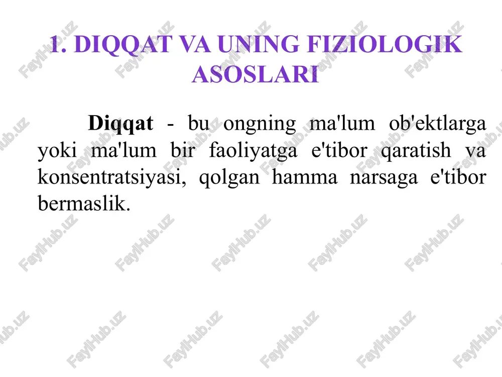 tada ma'lum bir hududning topografiyasi va landshaftini o'rgansa), unda doimiy e'tibor 15-20 daqiqa davomida saqlanishi mumkin. qisqa muddatli chalg'itadigan narsalar (bir necha soniya davom etishi) mumkin, bu konsentratsiyada qisqa tanaffusga imkon beradi. diqqat oralig'i - bu bir vaqtning o'zida yetarlicha ravshanlik bilan idrok qilinadigan, ya'ni bir lahzada diqqat bilan ushlangan ob'ektlar soni. bu yerda "bir vaqtning o'zida" ga murojaat qilish juda muhim, chunki bizning e'tiborimiz odatda bir ob'ektdan ikkinchisiga juda tez o'tishi mumkin, bu esa katta e'tibor xayolotini yaratadi. diqqatni aniqlash uchun maxsus qurilmalar - taxistoskoplar (yunoncha "tachistos" - eng tez va "skopeo" - qarash) qo'llaniladi, ular odamga 0,1 soniya davomida bir nechta ob'ektlarni (harflar, geometrik shakllar, belgilar) ko'rsatishga imkon beradi (diqqat bir ob'ektdan ikkinchisiga o'tishga vaqt topa olmaydi). listopad diqqatni taqsimlash - bir vaqtning o'zida ikki yoki undan ortiq ob'ektlarga e'tibor berish, ular ustida harakatlarni bajarish yoki ularni kuzatish. boshqacha qilib aytganda, bu bir vaqtning o'zida ikki (yoki undan …