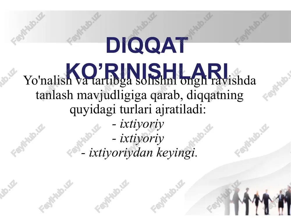 ish jarayoni. diqqatni almashtirishda individual farqlar aniq ko'rinadi - ba'zi odamlar tezda bir faoliyatdan ikkinchisiga o'tishlari mumkin, boshqalari esa buni sekin va qiyin deb bilishadi. diqqatning o'zgarishi har doim iroda harakatlarida ifodalanadigan asabiy taranglik bilan birga keladi. diqqatni taqsimlash - bu diqqatni katta maydonga qaratish va bir vaqtning o'zida bir nechta harakatlarni (tinglash va yozish, yozish va gapirish) bajarish qobiliyati. qanday sharoitlarda bir vaqtning o'zida ikkita vazifani muvaffaqiyatli bajarish mumkin? har ikkala faoliyat yoki ulardan hech bo'lmaganda bittasi shunchalik o'zlashtirilgan, tanish va oson bo'lsa, ular diqqatni jamlashni talab qilmaydi, juda erkin bajariladi va faqat bir oz nazorat qilinadi va tartibga solinadi. insonning diqqati faqat bitta asosiy faoliyatga qaratiladi, ikkinchisi esa diqqatning nisbatan kichik qismini egallaydi; u diqqat markazida emas, balki uning chekkasida. diqqat oralig'i - bu bir vaqtning o'zida diqqat markazida bo'lishi mumkin bo'lgan ma'lumotlar miqdori. bir vaqtning o'zida bir vaqtning o'zida ishora qilish juda muhim, chunki bizning e'tiborimiz odatda …