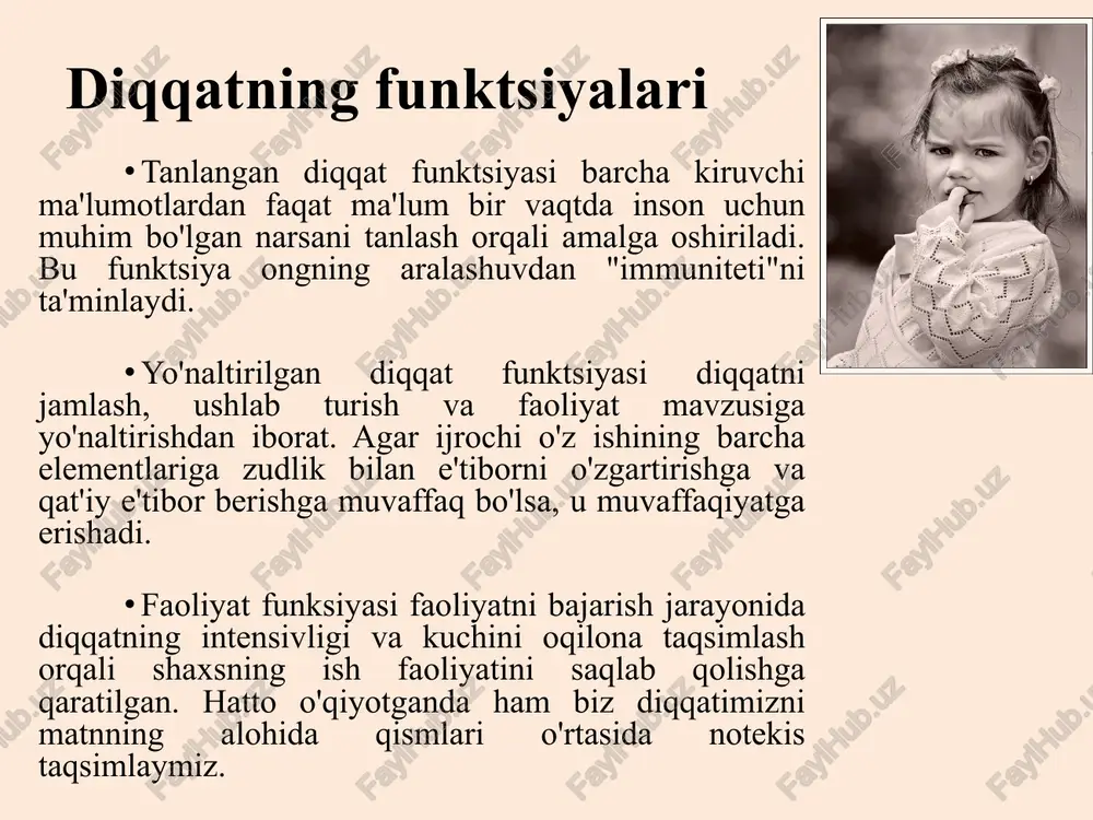 barqarorlik - ma'lum vaqt davomida bir ob'ektga diqqatni qaratish qobiliyati. diqqatning o'zgaruvchanligi - diqqatni bir ob'ektdan ikkinchisiga ongli va ataylab o'tkazish. diqqatning chalg'itilishi - diqqatni bir ob'ektdan ikkinchisiga ixtiyoriy ravishda o'tkazish. diqqat oralig'i - bu bir vaqtning o'zida etarlicha aniqlik bilan idrok etilishi mumkin bo'lgan ob'ektlar soni. diqqatning konsentratsiyasi - bu bitta ob'ektga doimiy e'tibor qaratish. diqqatni taqsimlash - ongning bir vaqtning o'zida ikki yoki undan ortiq ob'ektlarga va ular bilan bog'liq faoliyatga to'planishi. diqqatsizlik - uzoq vaqt davomida biror narsaga diqqatni jamlay olmaslik. diqqatning xususiyati diqqat almashinuvini baholash uchun gorbov-schulte qora-qizil jadval testi 12 21 23 21 15 19 9 2 11 12 14 5 10 19 3 25 6 8 13 17 16 10 3 9 17 1 18 18 6 8 22 7 4 24 14 20 4 23 24 20 2 22 1 7 15 16 13 5 11 rivojlanayotgan e'tibor: 2 asosiy bosqich 1-bosqich - …