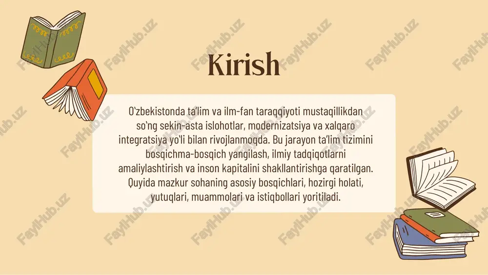 kllanmagan. - taʼlim sifatini baholash va akkreditatsiya tizimi xalqaro talablar bilan toʻliq integratsiyalashgan emas. istiqbollar va takliflar - moliyalashtirish: ilm‑fan uchun milliy grant tizimini kengaytirish, xususiy sektor va xalqaro donorlarni jalb qilish. - infratuzilma: zamonaviy laboratoriyalar, raqamli kutubxonalar va superkompyuter infratuzilmasini rivojlantirish. - kadrlar siyosati: tadqiqotchilar uchun raqobatbardosh maosh, ilmiy grantlar va ilmiy karera yoʻlini aniq belgilash. - xalqaro integratsiya: ilmiy hamkorlikni kuchaytirish, jurnallar va konferensiyalar orqali ilmiy mahsulotlarni global maydonga chiqarish. 1 2 3 4 -tijoratlashtirish: universitet ichida biznes‑inkubatorlar, texnoparklar va startap‑fondlarni rivojlantirish; intellektual mulk huquqini himoya qilishni mustahkamlash. - taʼlim sifati: oʻquv dasturlarini xalqaro akkreditatsiya orqali moslashtirish, faol pedagogik metodlar va kompetensiyalarga asoslangan baholash tizimini joriy etish. xulosa oʻzbekistonda taʼlim va ilm‑fan taraqqiyoti ijobiy yoʻnalishda, biroq sezilarli siyosiy iroda, barqaror moliyalashtirish va institutsional islohotlar talab etadi. taʼlim va ilm‑fanni birlashtirgan strategik yondashuv — sifatli kadrlar yetishtirish, ilmiy tadqiqotlarni amaliy sanoatga integratsiyalash va innovatsiyalarni tijoratlashtirish orqali mamlakatning raqobatbardoshligini oshirishga …