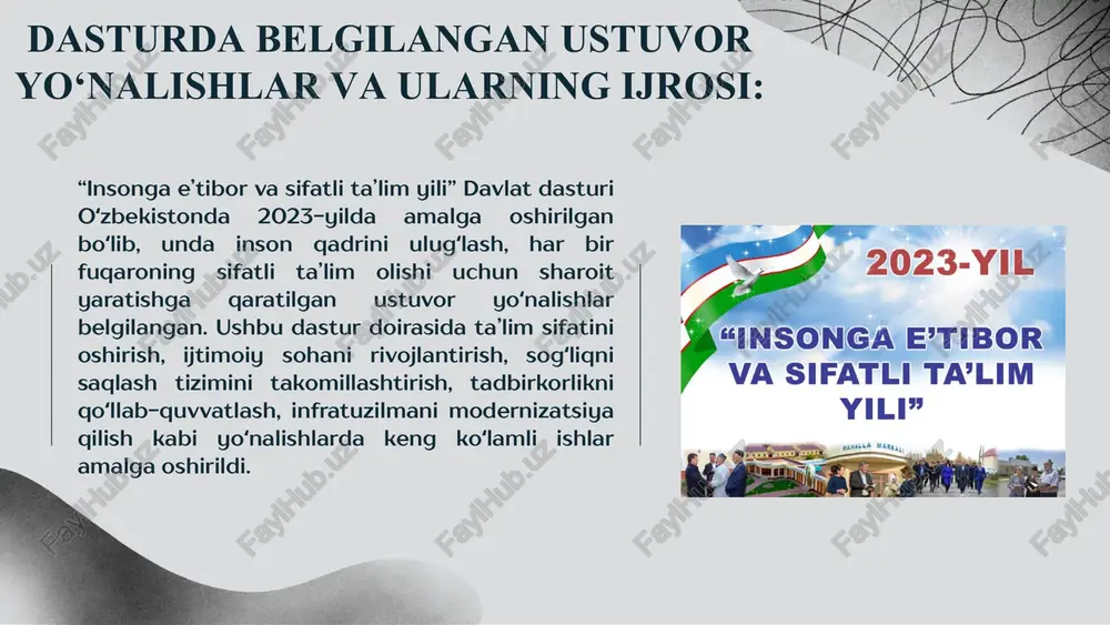 ini taʼminlash va ijtimoiy koʻmaklashish. ijrosi: • pensiya va ijtimoiy nafaqalar miqdori oshirildi. • nogironligi boʻlgan shaxslarni qoʻllab- quvvatlash boʻyicha yangi dasturlar qabul qilindi. • kam taʼminlangan oilalarga moddiy yordam koʻrsatildi. tadbirkorlikni rivojlantirish va investitsiya muhitini yaxshilash: • tadbirkorlikni qoʻllab-quvvatlash: tadbirkorlik subyektlariga kreditlar berishni koʻpaytirish, soliq imtiyozlari yaratish, ruxsat berish tartib-taomi llarini soddalashtirish, biznesni qoʻllab-quvvatlash infratuzilmasini rivojlantirish. • investitsiya muhitini yaxshilash: xorijiy va mahalliy investitsiyalarni jalb qilish uchun qulay sharoit yaratish, investitsiya loyihalarini qoʻllab-quvvatlash, investitsiya risklarini kamaytirish. • eksportni ragʻbatlantirish: eksport qiluvchi korxonalarni qoʻllab-quvvatlash, eksport bozorlariga kirishga koʻmaklashish, eksportni diversifikatsiya qilish. ijrosi: • tadbirkorlikni qoʻllab-quvvatlash boʻyicha yangi dasturlar qabul qilindi. • tadbirkorlik subyektlariga kreditlar berish hajmi oshirildi. • investitsiya muhitini yaxshilash boʻyicha chora-tadbirlar amalga oshirildi. infratuzilmani modernizatsiya qilish: • yoʻl qurilishi va taʼmiri: yoʻllarni taʼmirlash, yangi yoʻllarni qurish, avtomobil yoʻllarining sifatini oshirish. • transport infratuzilmasini rivojlantirish: temir yoʻllarni modernizatsiya qilish, aeroportlarni rekonstruksiya qilish, jamoat transporti tizimini takomillashtirish. • energetika infratuzilmasini …
