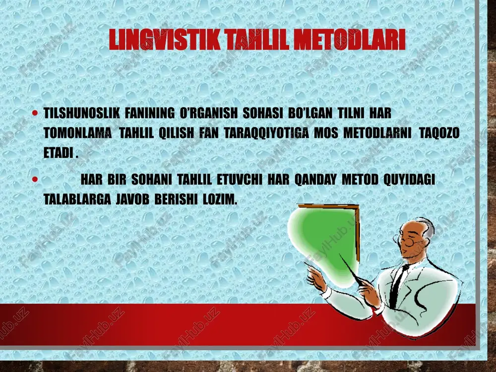 xizmat qiladi . tarixiy-qiyosiy metod lingvistik nazariya, til sistiemasi va tarixi faktlariga asoslangan filologik tahlil. adabiy metod, janr, badiiy-estetik prinsiplar avtor shaxsi va uning nutqiy manerasi va boshqa matn til ifoda vositalarining tarkibi xamda ko`rinishini belgilovchi omillardir. tahlil lingvistik, stilistik va adabiy bo`ladi, ular bir-biri bilan bog`liq xolda olib boriladi. e’tiboringiz uchun tashakkur!!! image3.jpg image4.jpeg image5.gif image6.png /docprops/thumbnail.jpeg : meliboyeva thlshunoslik mohinurni