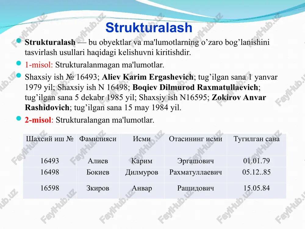 tablitsi» (jadvallar), «zaprosi» (so`rovlar), «formi» (shakllar), «otcheti»(hisobotlar), «makrosi» (makrosslar), «moduli»(modullar). 1-«tablitsi» (jadvallar)-moning asosiy obyekti. unda malumotlar saqlanadi. 2-«zaprosi»(so`rovlar)-bu obyekt ma’lumotlarga ishlov berish, jumladan, ularni saralash, ajratish, birlashtirish, o`zgartirish kabi vazifalarni bajarishga mo`ljallangan. microsoft office access dasturi. ilova oynasi. 3-«formi» (shakllar)-bu obyekt ma’lumotlarni tartibli ravishda oson kiritish yoki kiritilganlarni ko`rib chiqish imkonini beradi. shakl tuzilishi bir qancha matnli maydonlar, tugmalardan iborat bo`lishi mumkin. 4-«otcheti»(hisobotlar)-bu obyekt yordamida saralangan ma’lumotlar qulay va ko`rgazmali ravishda qog`ozga chop etiladi. 5-«makrosi»(makroslar)-makro buyruqlardan iborat obyekt. murrakab va tez-tez murojat qilinadigan amallarni bitta makrosga guruxlab, unga yaratilgan tugmacha belgilanadi va ana shu amallarni bajarish o`rniga ushbu tugmacha bosiladi. bunda amallar bajarish tezligi oshadi. 6-«moduli» (modullar)-microsoft access dasturining imkoniyatini oshirish maqsadida ichki visual basic tilida yozilgan dasturlarni o`z ichiga oluvchi obyekt. uskunalar paneli maydoni, bu maydon quyidagi tugmalarni o‘z ichiga oladi: otkrit - tanlangan ob’ektni ochish yoki ishga tushirish uchun xizmat qiladi; konstruktor - tanlangan ob’ektni konstruktor rejimida o‘zgartirish …