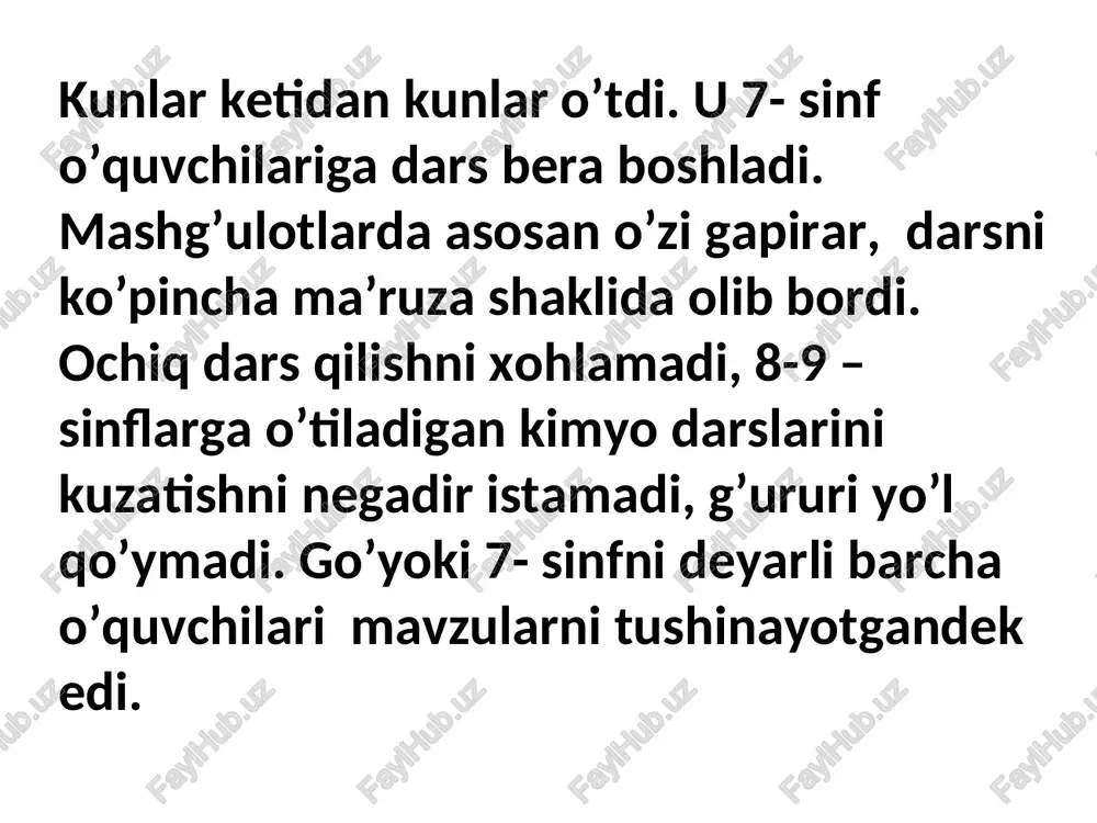 bo'yicha maxsus ko'nikmalar.... darsning maqsadi: tarbiyaviy • - dars davomida quyidagilarni shakllantirishga yordam bering g’oyalar: 1) xolislik va reallik, tevarak-atrofdagi dunyo, 2) sabab-oqibat va boshqa munosabatlar hodisalar orasidagi, 3) o'zgarish va rivojlanishning uzluksizligi, tabiat va jamiyat, 4) kimyo rivojlanishining shartliligi, fan ishlab chiqarish, hayot va kundalik hayot ehtiyojlari bilan bog’lash. 5) haqiqat, ilmiy bilimlar va tabiat qonunlari; • - mahalliy ilmiy (kimyo) shakllanishini davom ettirish. • - asosiy e'tiborni axloqiy va axloqiy tarbiya bilan ta'minlash • - mehnatni rag'batlantirish (estetik, iqtisodiy, valeologik...) ta'lim, tanishtirish. darsning maqsadi: rivojlantiruvchi • - o'quvchilarning diqqatini, xotirasini, tasavvurini rivojlantirish; fikrlash, intellektual qobiliyatlar muhim bo'lgan narsalarni ta'kidlash uchun o'rganilayotgan materialni taqqoslash, solishtirish, umumlashtirish, fikrlarni tizimlashtirish, ixcham va mantiqiy ifodalash; • - o'quvchilarning mustaqilligi va irodasini rivojlantirish bu muammoli vaziyatlar, vazifalarni mustaqil ravishda tayyorlash, muammolarni hal qilishda qat'iylikni rag'batlantirish, • - darsda vaziyatlar yaratish orqali o‘quvchilarning his-tuyg‘ularini va motivlarini rivojlantirish, yorqin misollar yordamida ajablanish, quvonch, hamdardlik, tuyg'ularni …