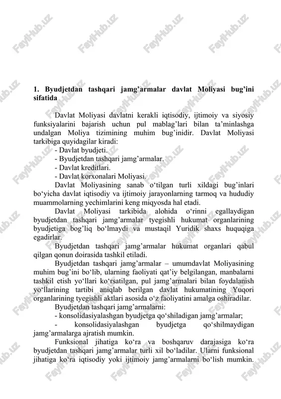 tning dyeyarli hamma mablag’lari to‘planar edi. moliyaning yuqori darajadagi jamlanishi va markazlashuvi bir qancha ustunliklarga ega bo‘lgan bo‘lib, uning asosiysi sifatida, to‘plangan mablaglarni ayrim hudud, soha, tarmok yoki tarmoqlararo komplyekslarlarda mavjud global muammolarni yechishga yo‘naltirilganini aytish mumkin. biroq bu turdagi markazlashuvning asosiy kamchiligi, moliyaviy mablaglarning umumxo‘jalik tizimi va alohida olingan moliya ob’yektlarining rivojlanishidagi samara darajasining juda past bo‘lganligidir. sir emaski, istiqlolimizning dastlabki yillarida xo‘jalik tizimining bir turdan boshqa turiga o‘tish jarayonida iqtisodiyotimizda, bir qancha muammolar yuzaga kyelgan. iktisodiy va moliyaviy muammolar aholi turmush darajasining syezilarli darajada pasayishi va ishsizlikning darajasining o‘sib kyetishiga asosiy sabab bo‘ldi. bunday sharoitda, bir tomondan cheklangan moliyaviy mablaglarning davlat miqiyosidagi muhim umumiqtisodiy va ijtimoiy talablarni qondirilish maqsadiga yo‘naltirish chora-tadbirlari tursa, ikkinchi tomondan esa, moliyaviy tanqislikni kyeltirib chiqaruvchi inqiroz sharoitida markaziy hokimiyatning oldida jamiyat ehtiyojlarini zaruriy ravishda qondirish uchun, boshqa, davlat ahamiyatiga molik xarajatlardan voz kyechishga majbur bo‘ladi. shuning uchun ham davlat byudjetidan maqsadli jamg’armalarni ajratish zarurati …