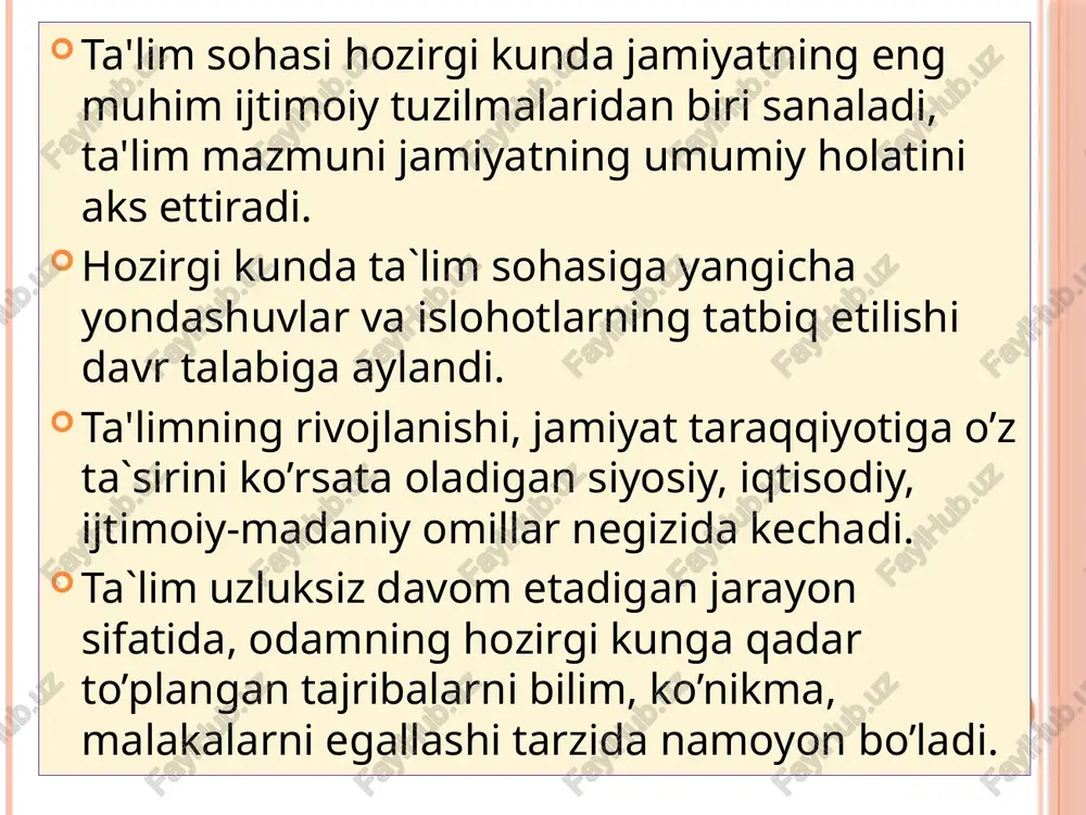 ngan. mazkur yangilik xotira samaradorligini o’rganish, esda olib qolish malakasini oshirish va xotira mashqlarini tashkil etishda barcha tadqiqotchilar tomonidan katta e`tiborga olinadi. pragmatik funksional psixologiya. u.djeyms (xix asr oxiri - xx asrning boshlanish davri) va dj.dyui(xx asrning birinchi yarmi) organizmning faolligi, malakalarning hosil bo’lishini adaptatsiya jarayoni, organizmning tashqi muxitga moslashuvchi reaksiyalariga tayangan xolda izohlashga harakat qildilar. sinash va hatoliklar nazariyasi. e.torndayk(1874-1949) biologiya fanidagi evolyutsion ta`limotga asoslangan holda, bolalarga ta`lim berishda o’ziga xos yondashuvni ilgari suradi. 1903 yilda, o’qitish jarayonida tafakkurni rivojlantirish masalasiga bag’ishlangan “pedagogik psixologiya” asarini chop etadi. hayvonlar psixikasini tadqiq etish orqali “o’rganish va uqish”ning asosiy qonunlarini ishlab chiqadi: mashq, samaradorlik va tayyorgarlik qonunlari (1904). torndayk edvard (1874-1949) edvard li tórndayk (angl. edward lee thorndike; 31 avgusta 1874, vilyamsburg, shtat massachusets — 9 avgusta 1949, montroz, nyu-york) — amerikanskiy psixolog i pedagog. prezident amerikanskoy psixologicheskoy assotsiatsii v 1912 godu. provodil issledovaniya, izuchaya povedenie jivotnix. oni bili napravleni na vixod …