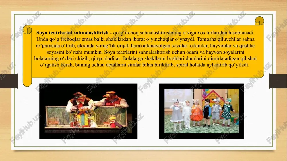 qo‘lqop teatrini aytib bu teatrlarga murojaat qilishimiz lozim. chunki bunday ertaklar olami bolalarning sevimli tomoshasi hisoblanadi. qo‘g‘irchoq tetri uchun eng kerakli bo‘lgan shirmani tayyorlab olish kerak. shirmaning balandligi 50 sm, uzunligi 80 sm reyka yordamida tayyorlanadi. reyka, mix orqali qoqilib, orqa tomoniga ikki tomoni ochiladigan qilib, charm orqali birlashtirib unga parda tikiladi va o‘rnatiladi. qo‘g‘irchoqlarni papye - mashe usulida tayyorlash mumkin. ertak qahramonlari tayyor bo‘lgach, tekstni yozib, sahnalashtirishga tayyorlanadi. ertak ishtirokchilari, personajlar, ertak matni, boshlovchi, ertakchi bobo yoki momolar bo‘ladi. maktabgacha ta’lim muassasalarida ko‘ngil ochish soatlarida quyidagi teatr turlaridan foydaniladilar: 1.soya teatri; 2.stol teatri; 3.barmoq teatri; 4.paxmoq teatri; 5.qo‘g‘irchoq qo‘lqop teatri. soya teatrlarini sahnalashtirishni bolalarga kattalar qo‘yib beradilar. avvalo karton yoki faner orqali ekran yasalib‚ ekranni yupqa oq doka surp bilan tortib mahkamlanadi. so‘ngra har bir guruh yoshiga mos ravishda ertakni tanlab uning qahramonlarini kartonga tushirib, juda ehtiyotkorlik bilan qirqiladi. keyin uni qora guash bilan bo‘yaladi va qirqiladi. so‘ngra chiroq, …