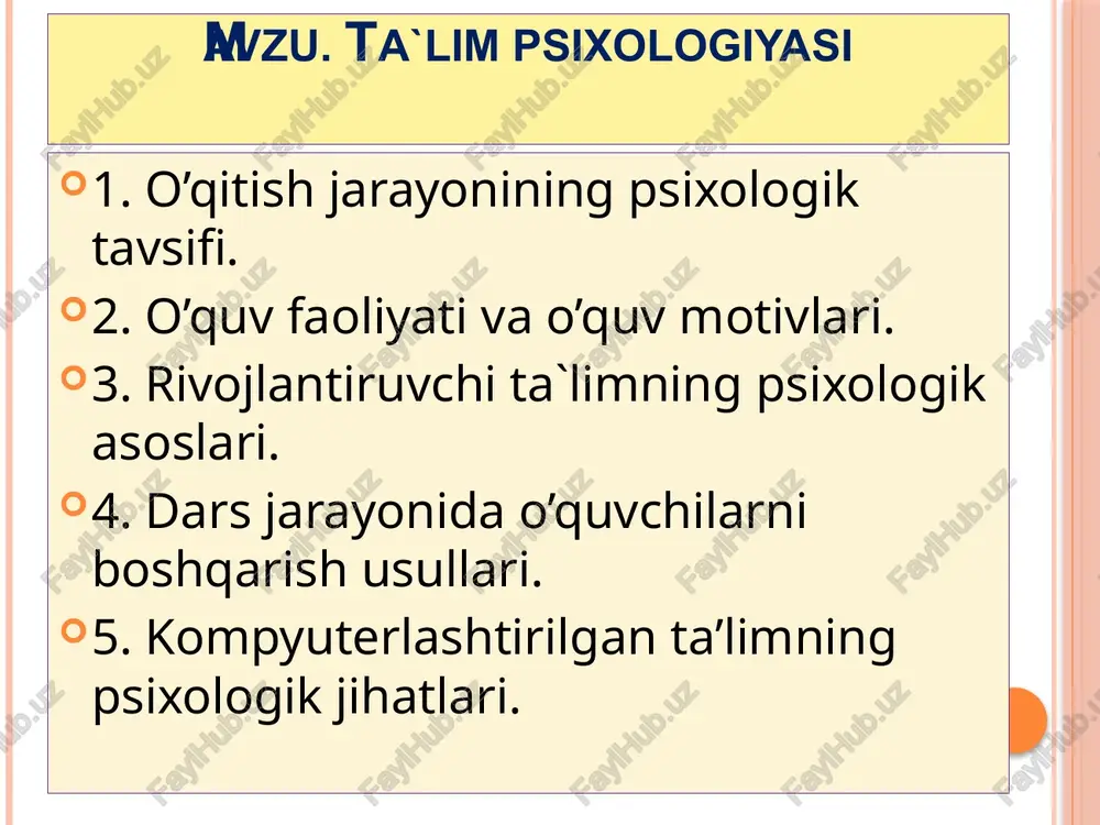 tizimi; o’quv fanining o’ziga xos jihatlari. rivojlantiruvchi ta`limning psixologik asoslari rivojlantiruvchi ta`lim nazariyasi – bu ta`lim nazariyasi va amaliyotidagi yo’nalish bo’lib, o’zining mazmuni, usullari hamda shakllariga ko’ra o’quvchilarni jismoniy, ruhiy va ijtimoiy qobiliyatlarini rivojlantirishga yo’llash orqali, ularning yashirin, zahira imkoniyatlarini yuzaga chiqarishga ko’maklashadi. “rivojlantiruvchi ta`lim” atamasi v.v.davidov tomonidan kiritilgan bo’lib, dastlab ma`lum bir ilmiy doiralarda, so’ngra ommaviy tarzda pedagogik amaliyotning barcha sohalarida qo’llanila boshlangan. l.v.zankovning didaktik tizimi 1960 yillarda rossiya federatsiyasining pedagogik fanlar akademiyasiga qarashli tajriba laboratoriyasida l.v.zankov rahbarligida, o’quvchilarning umumiy psixik taraqqiyotiga ko’maklashuvchi tizim ishlab chiqiladi. ushbu tizimga ko’ra, dars egiluvchanlik xossasiga ega, bolalarning fikrlash, kuzatuvchanlik va amaliy harakatlarni egallash ko’nikmalarini rivojlantirishga xizmat qiladi. rivojlantiruvchi ta’lim, har bir alohida olingan shaxsning rivojlanish qonuniyatlari, darajasi va o’ziga xos jihatlarini e’tiborga oladi. ta`limning mazkur shaklida ta`lim oluvchi – faoliyatning barcha bosqichlarida to’laqonli sub`yektga aylanadi, har bir bosqich shaxs taraqqiyoti uchun o’ziga xos tarzda xissa qo’shadi. rivojlantiruvchi ta’lim texnologiyasi, ta’lim oluvchining pedagog …