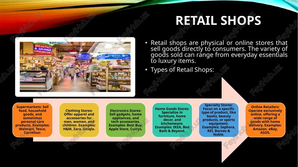 ms like amazon, alibaba, or ebay that sell a wide range of products directly to consumers. customer experience in shop and service in both shopping and service sectors, providing excellent customer experience is crucial. businesses strive to meet customer needs through: personalization: offering tailored products or services based on customer preferences. convenience: easy accessibility, fast service, or options like home delivery or online ordering. customer support: providing responsive and helpful assistance, both in-store and online, for product-related questions or service issues. loyalty programs: encouraging repeat business through reward programs, discounts, or special offers. thank you for your attention! image2.png image3.jpeg image4.jpeg image5.jpeg image6.jpeg image7.jpeg image8.jpeg image1.png best ecommerce platforms /docprops/thumbnail.jpeg so ee ee presentation by ‘adnamjonoy doniyorjon, 4 student af the facully of tourism and hospitalily at the international islamic ‘academy, to the english